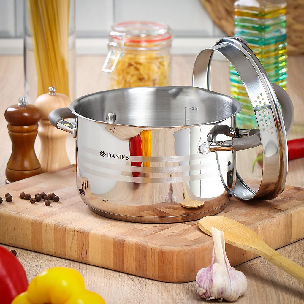 Кастрюля нержавеющая сталь, 3.9 л, с крышкой, крышка стекло, Daniks, Нара, GS-01413HY-20CA-2, серебр  фото 8