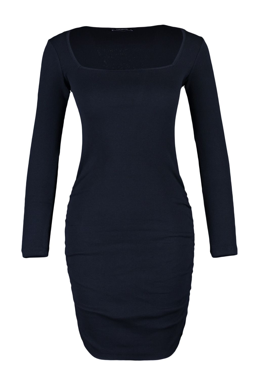 TRENDYOLMILLA Siyah Buzgu Detayl? Vucuda Oturan Mini Kare Yaka Fitilli Esnek Orme Kalem Elbise TWOAW23EL01396