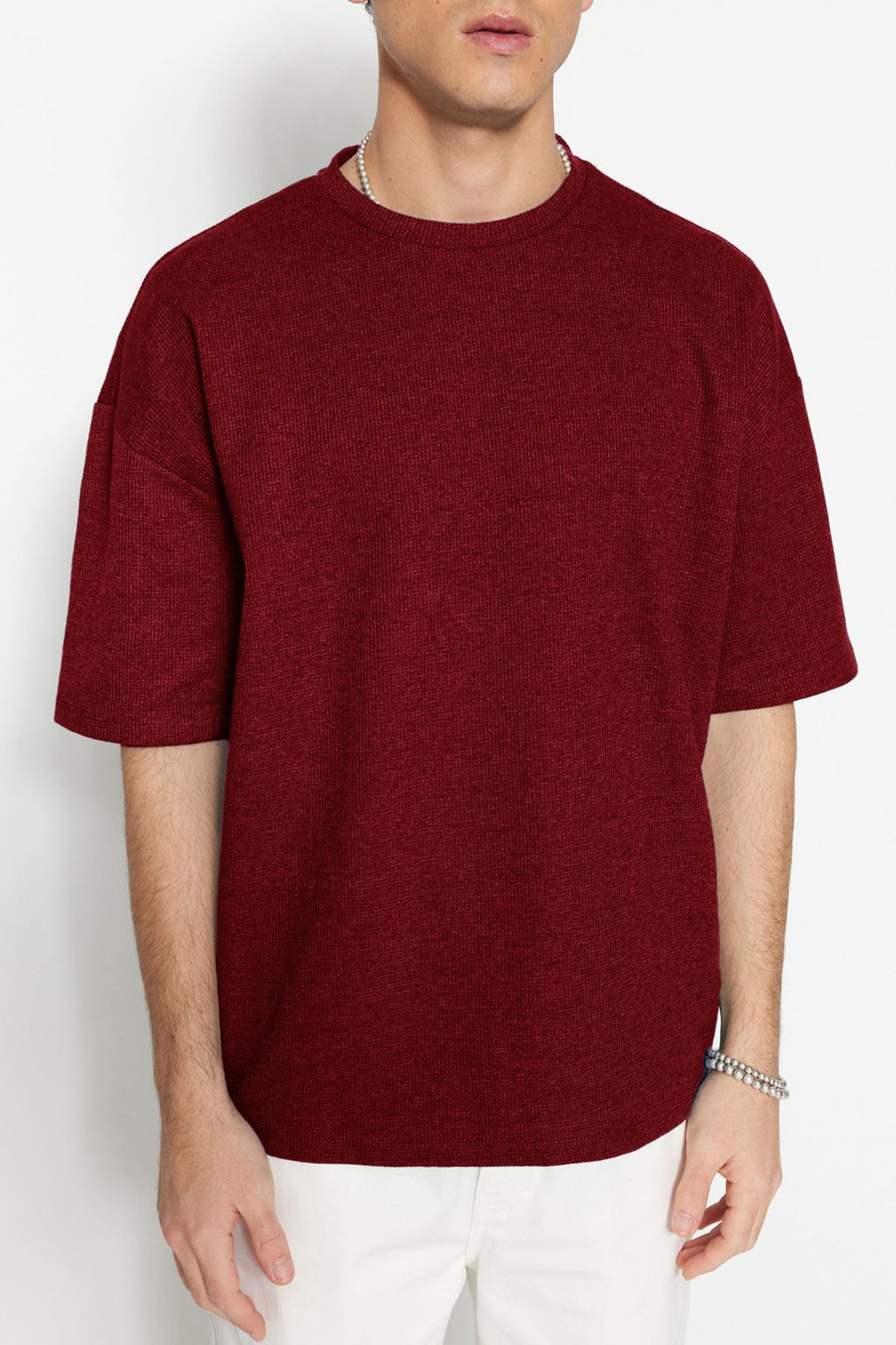 Basic Bordo Oversize/Genis Kesim Dokulu Waffle K?sa Kol T-Shirt TMNSS22TS00049