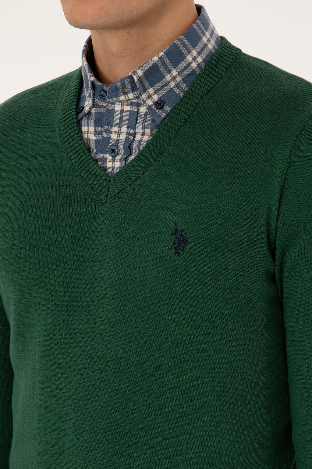 Erkek Slim Fit V Yaka Koyu Ye_il Basic Triko Kazak - U.s. polo assn фото 7
