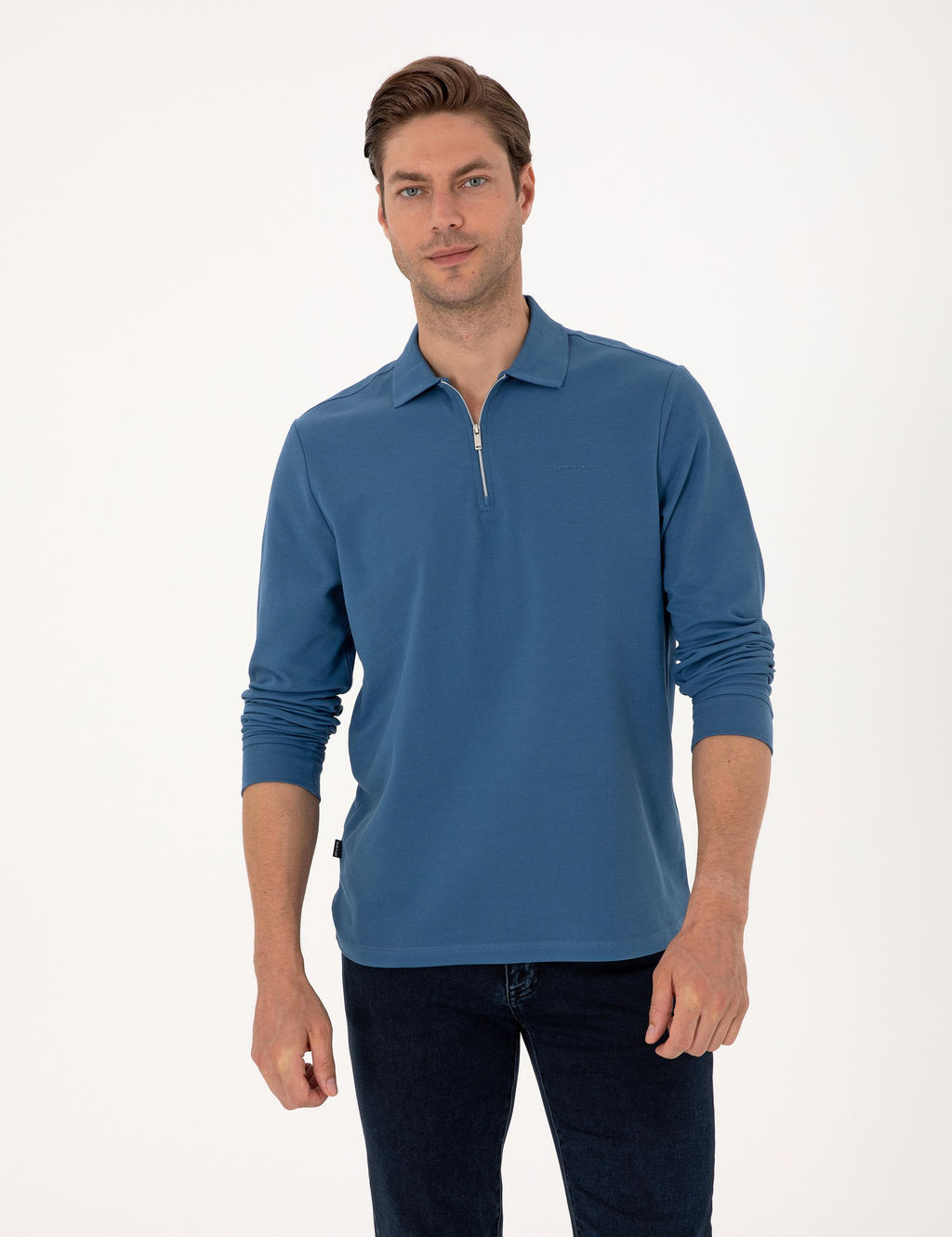 A__k Lacivert Slim Fit K_vr_lmaz Fermuarl_ Polo Yaka Basic Pike Sweatshirt