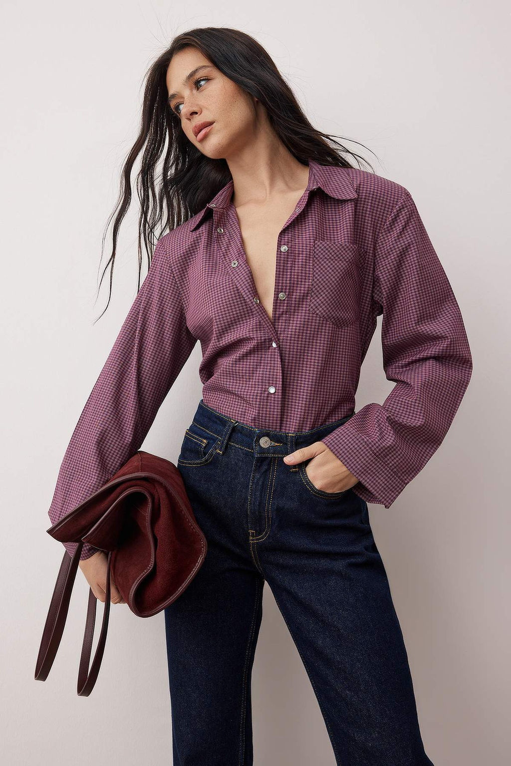 Bordo-Cok Renkli Kareli Vatkal? Genis Mansetli Oversize Gomlek TWOAW26GO00127