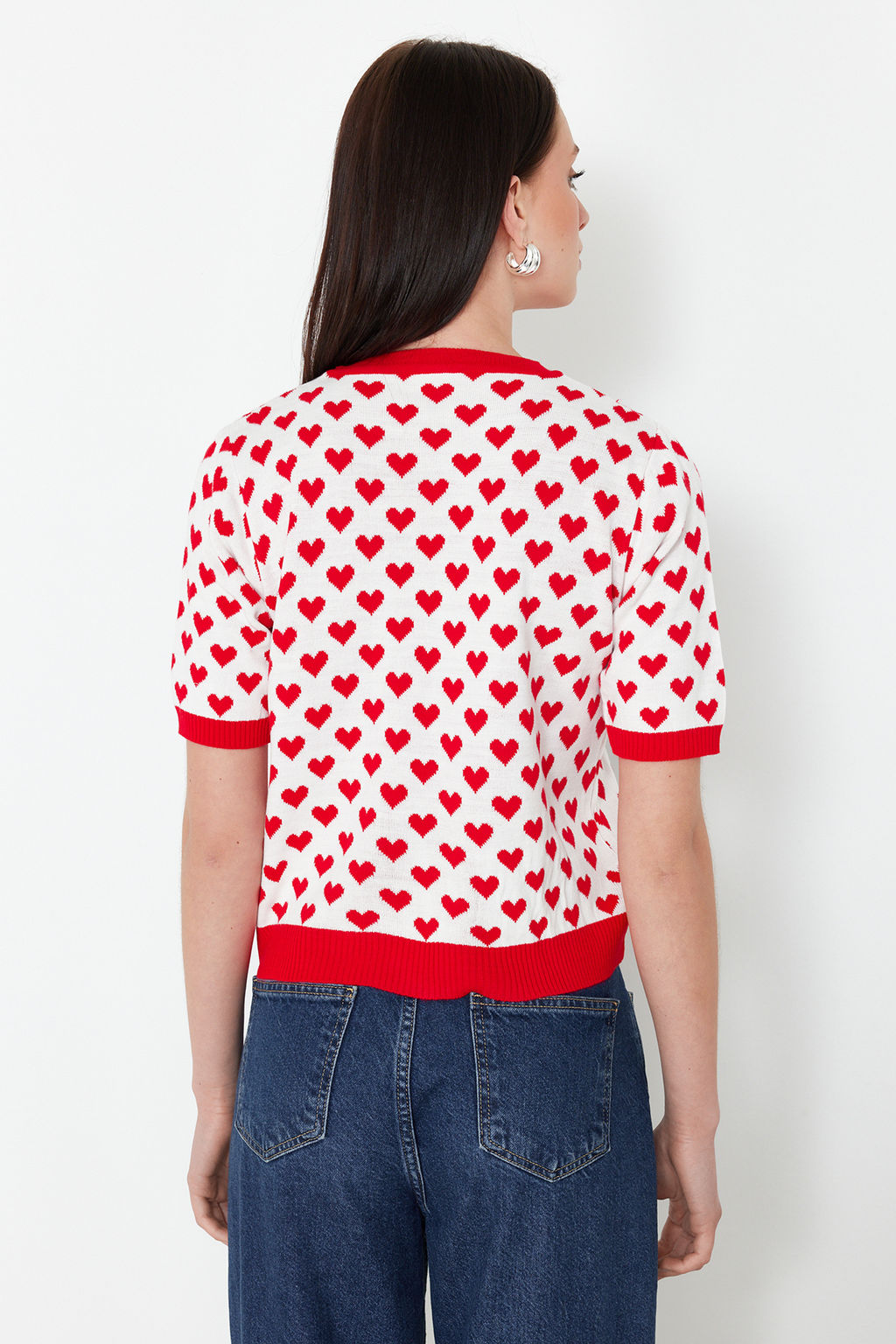 K?rm?z? Bisiklet Yaka Kalp Desenli Ince Triko Bluz TWOSS21KZ0008 - Trendyolmilla фото 6