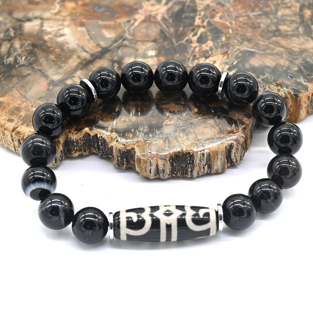 Браслет Дзи Шапка Дхармы цилиндр 10*29мм с агатом глазковым шарик 10мм, 18см