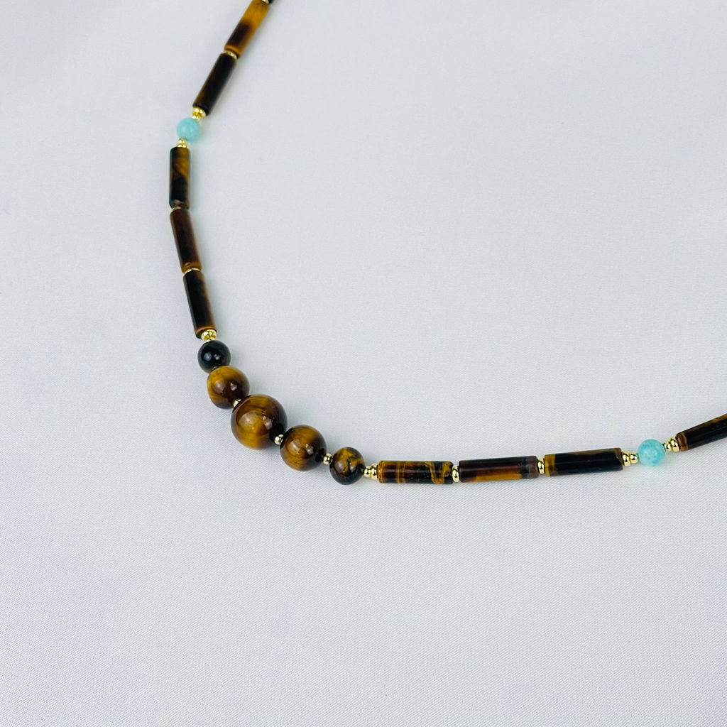 Колье из Тигрового глаза и Амазонита 82 см
