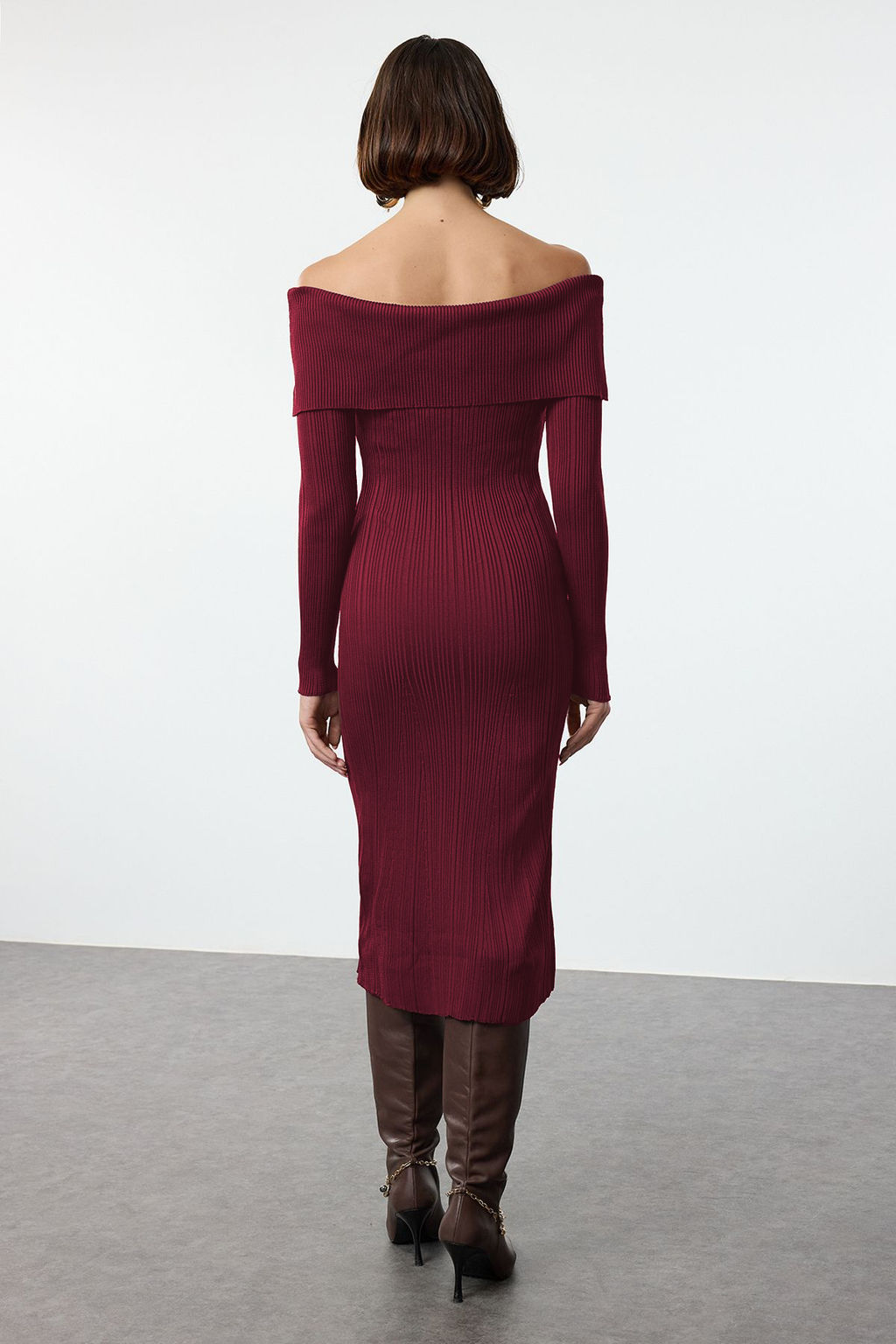 Bordo Duz Midi Midi Triko Basic Carmen Yaka Triko Elbise TWOAW25EL00033