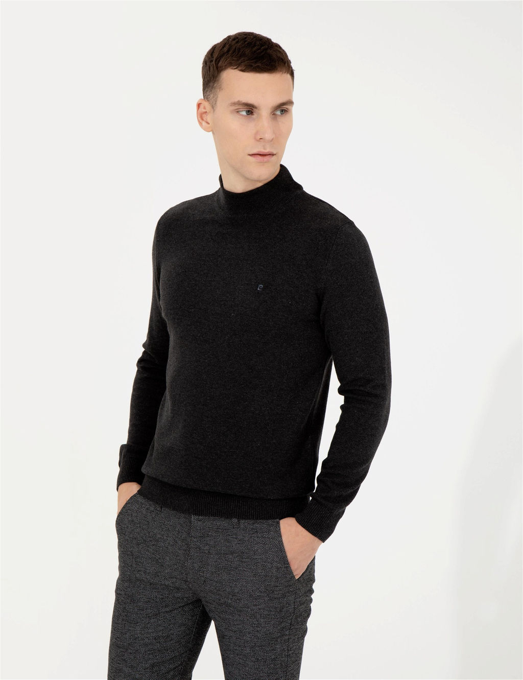 Antrasit Melanj Slim Fit Yar_m Bal_k__ Yaka Basic Triko Kazak