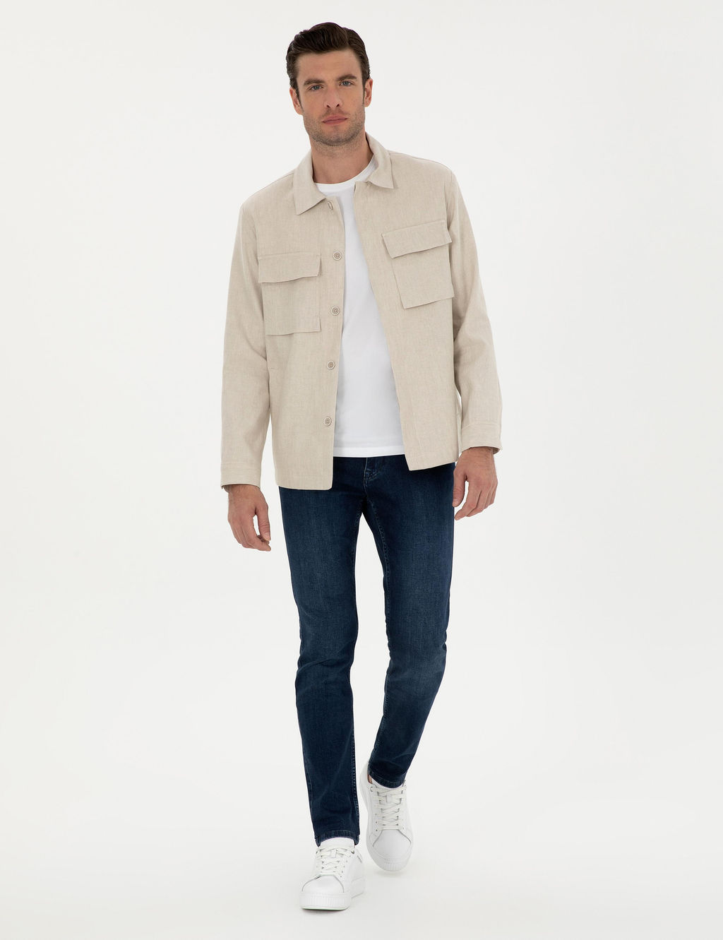Bej Slim Fit Keten Kar___ml_ Ceket G_mlek