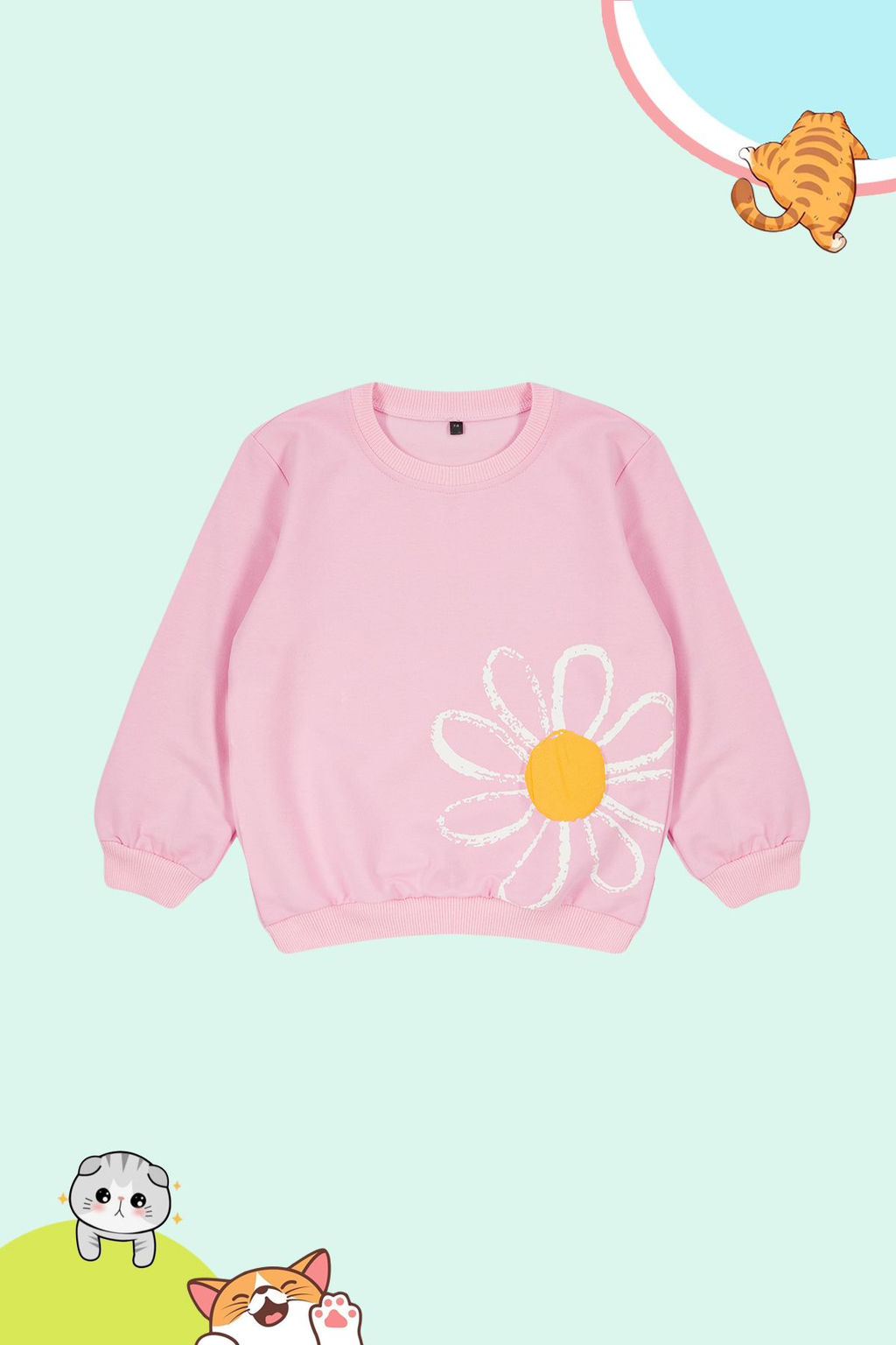 Pembe K?z Cocuk Mevsimlik-Ince Cicek Desenli Orme Sweatshirt TKDAW25SW00001