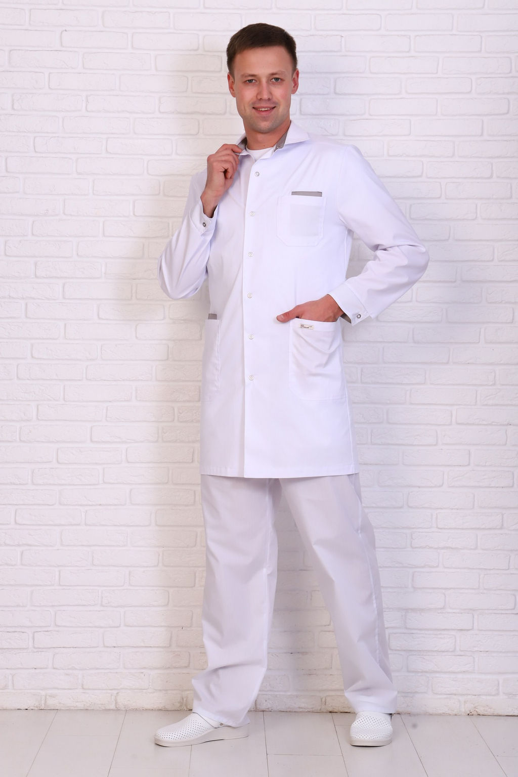 Халат мужской 236 CVC. Цвет: белый и серый - Стильб фото 6