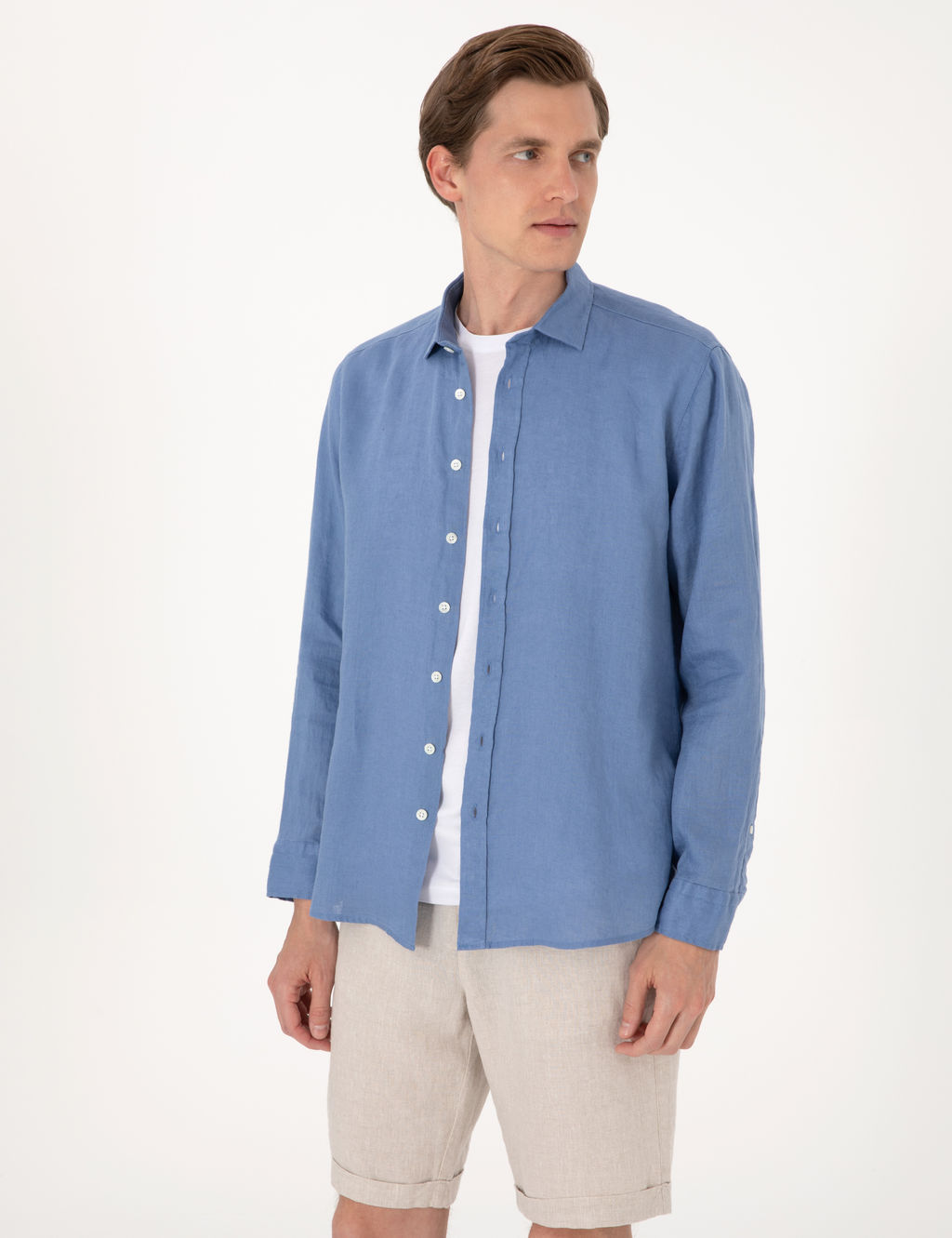 Mavi %100 Keten Regular Fit Uzunkollu G_mlek