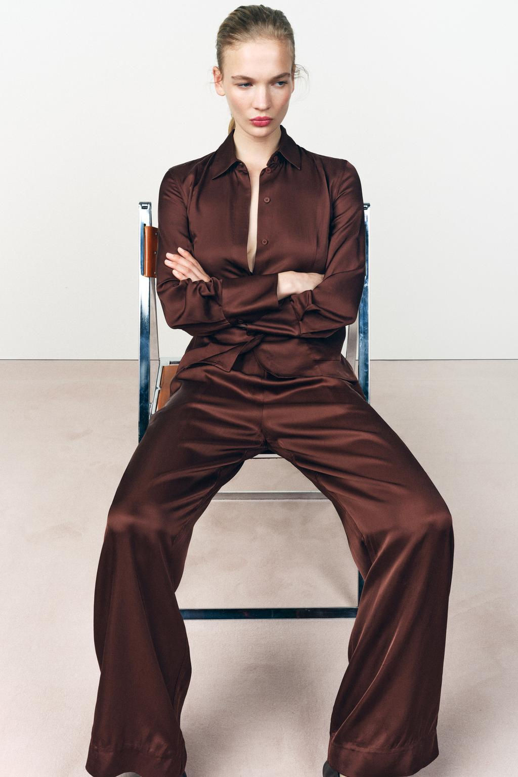 SATIN LOOSE-FITTING PLEATED TROUSERS - Zara фото 3