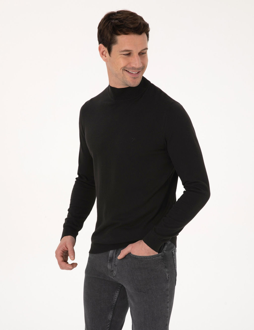 Siyah Slim Fit Pamuk Kar___ml_ Yar_m Bal_k__ Yaka Basic Triko Kazak