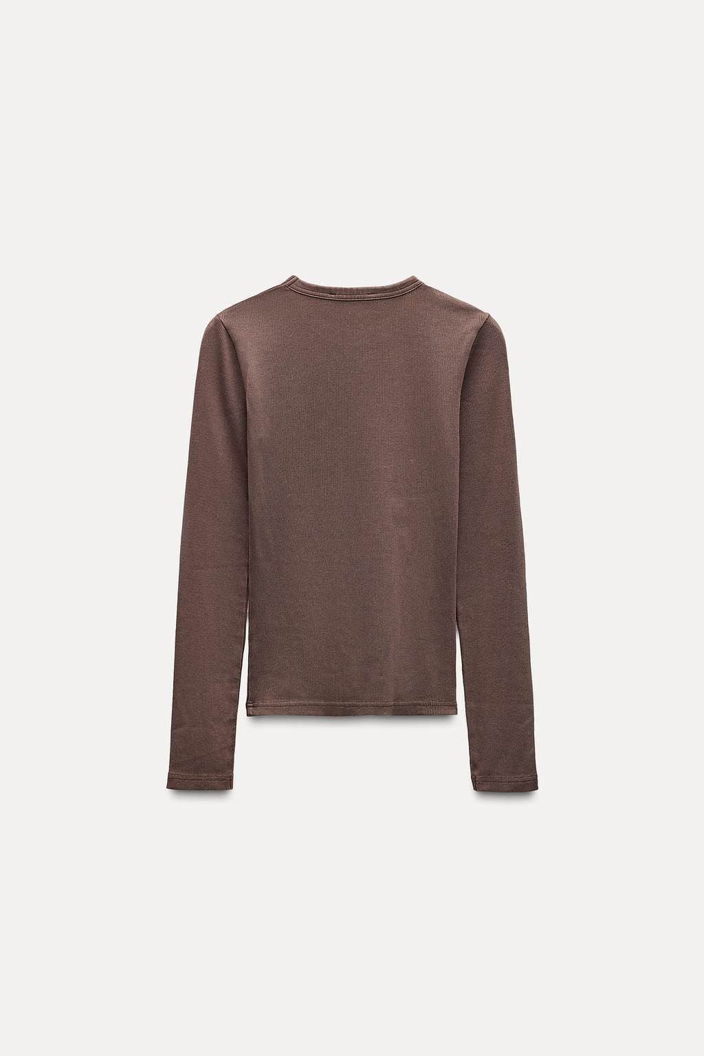 LONG SLEEVE WASHED EFFECT RIBBED T-SHIRT - Zara фото 20