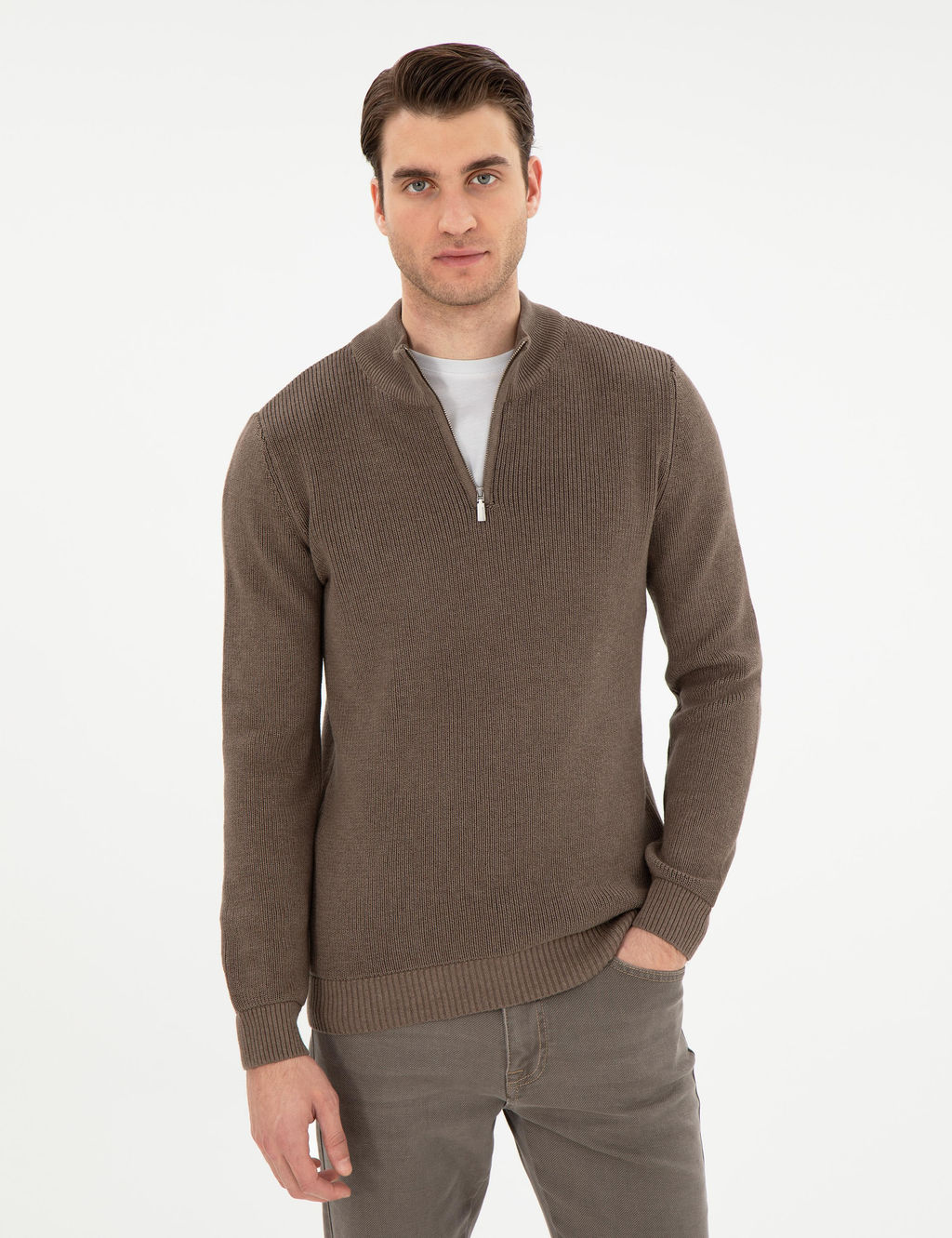 Vizon Melanj Slim Fit Fermuarl_ Dik Yaka Kazak