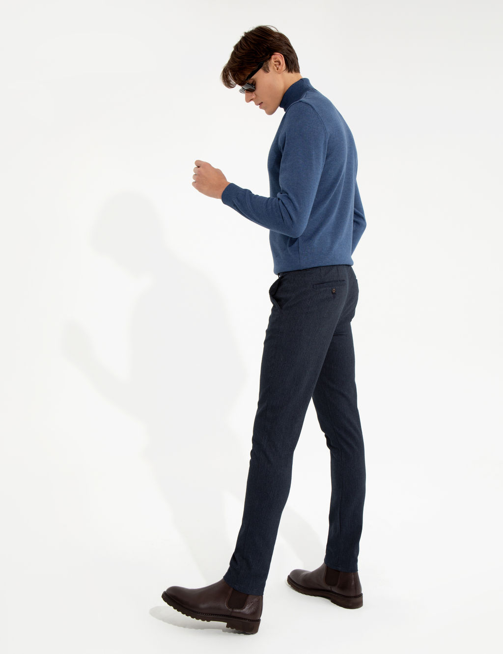 Lacivert Slim Fit Keten Kar___ml_ Chino Pantolon