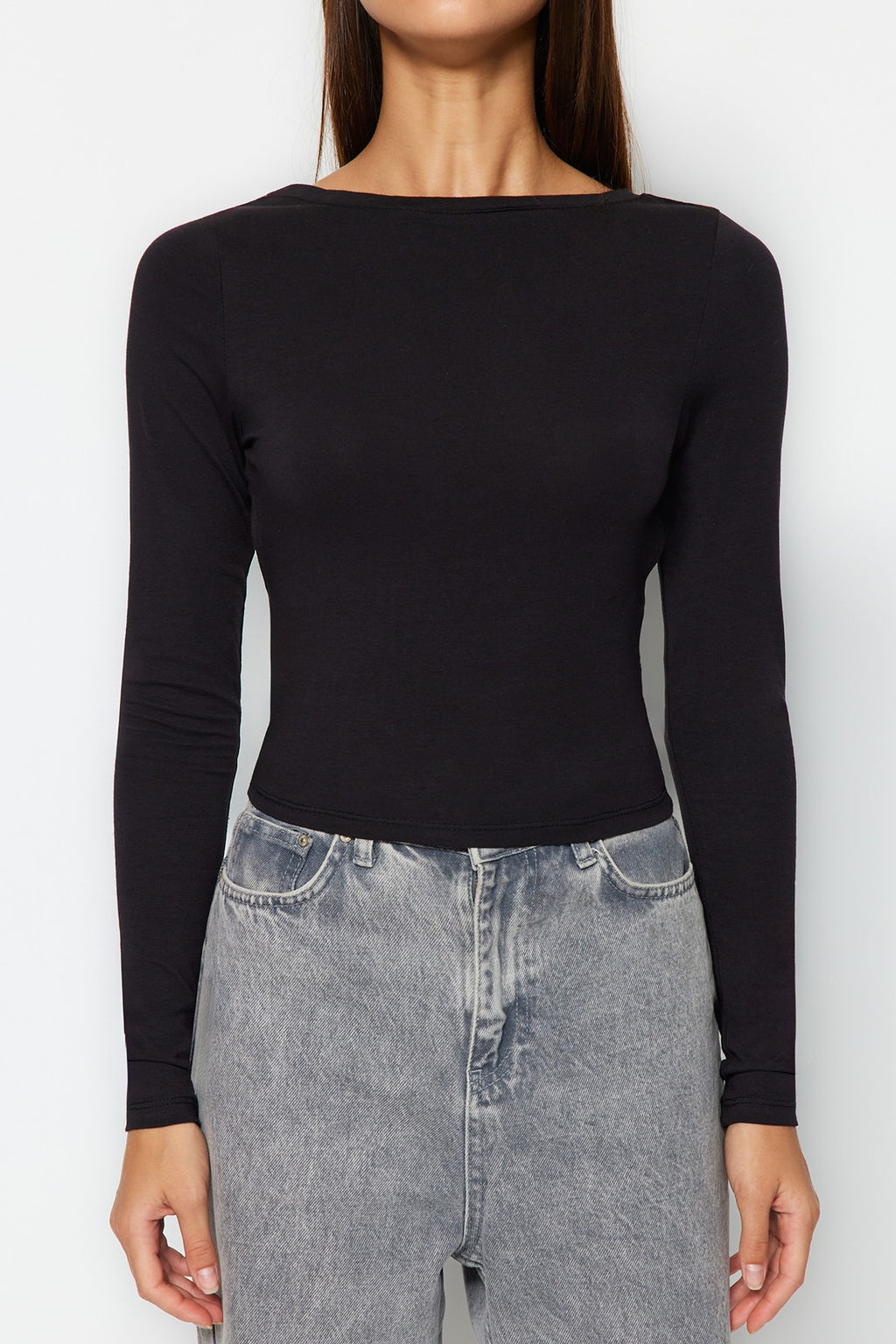 Trendyolmilla Saks Derin S?rt Dekolteli Fitted/Vucuda Oturan Pamuklu Esnek Orme Bluz TWOAW24BZ00173