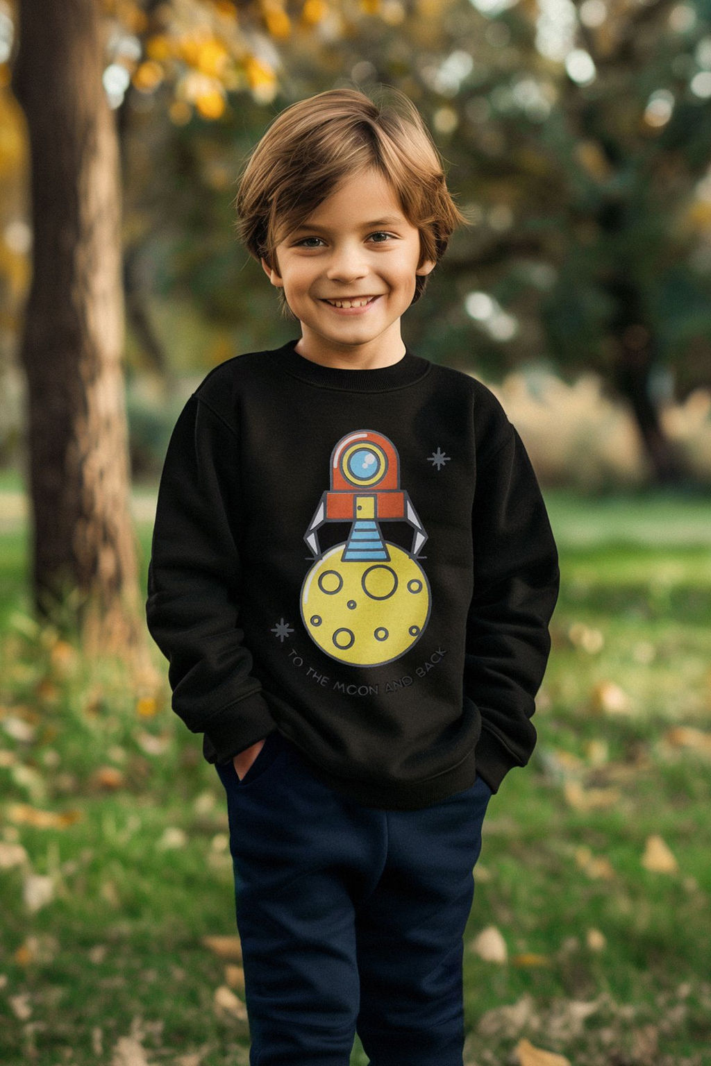 Siyah Erkek Cocuk Mevsimlik-Ince Uzay Desenli Bisiklet Yaka Orme Sweatshirt TKDAW25SW00005