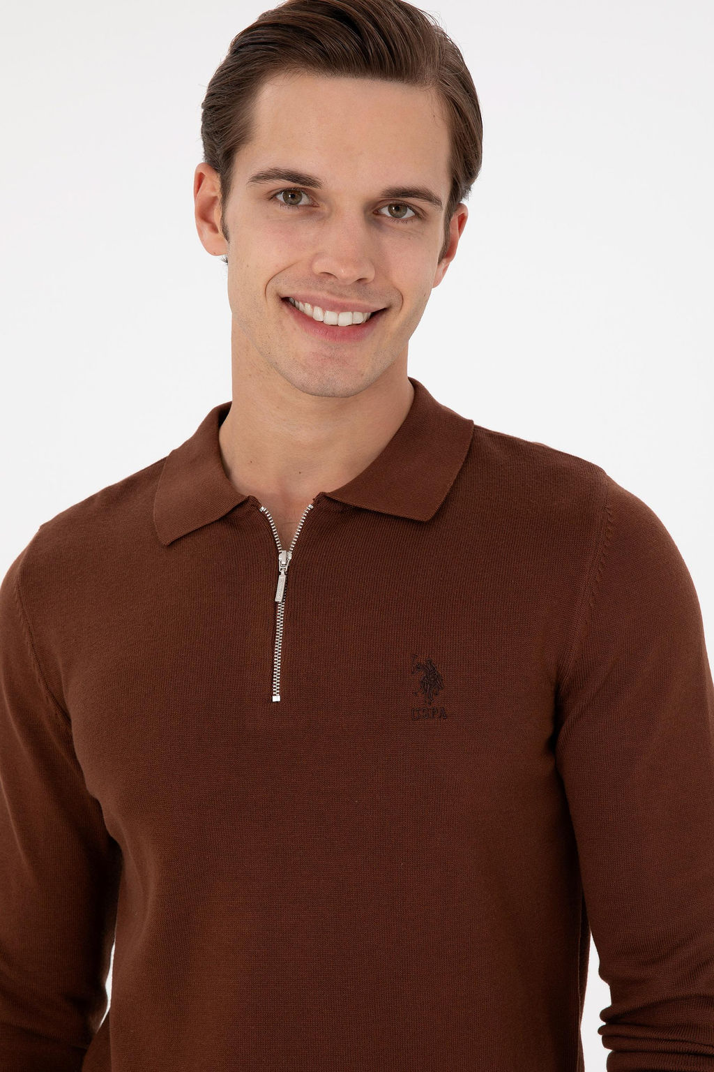 Erkek Slim Fit Yarm Fermuarl Kahverengi Basic Kazak - U.s. polo assn фото 2