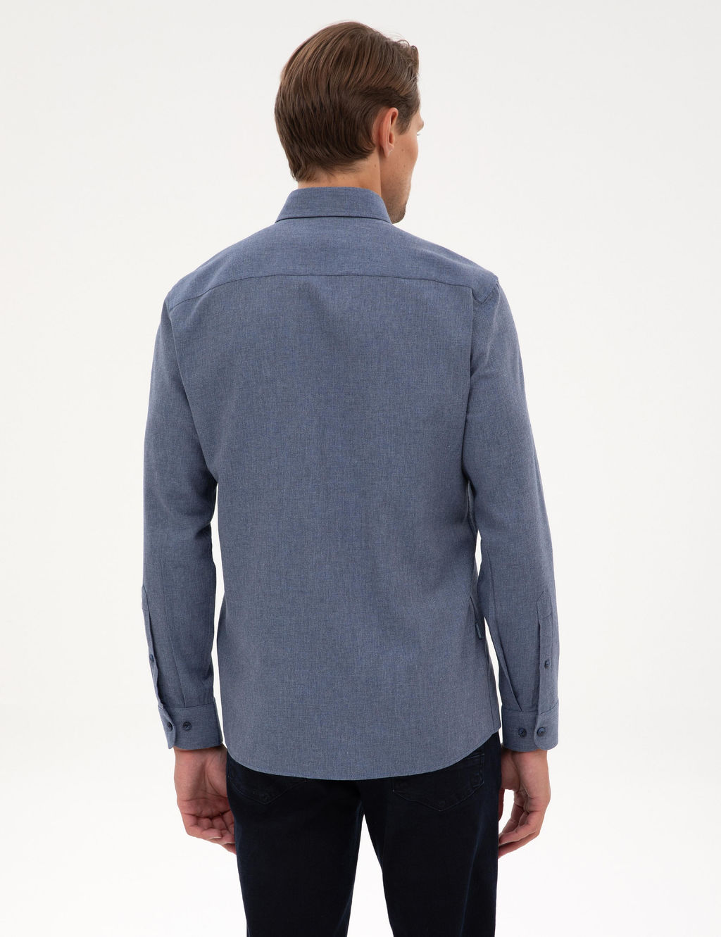 Koyu Mavi Flanel Dokulu Slim Fit Uzun Kollu G_mlek