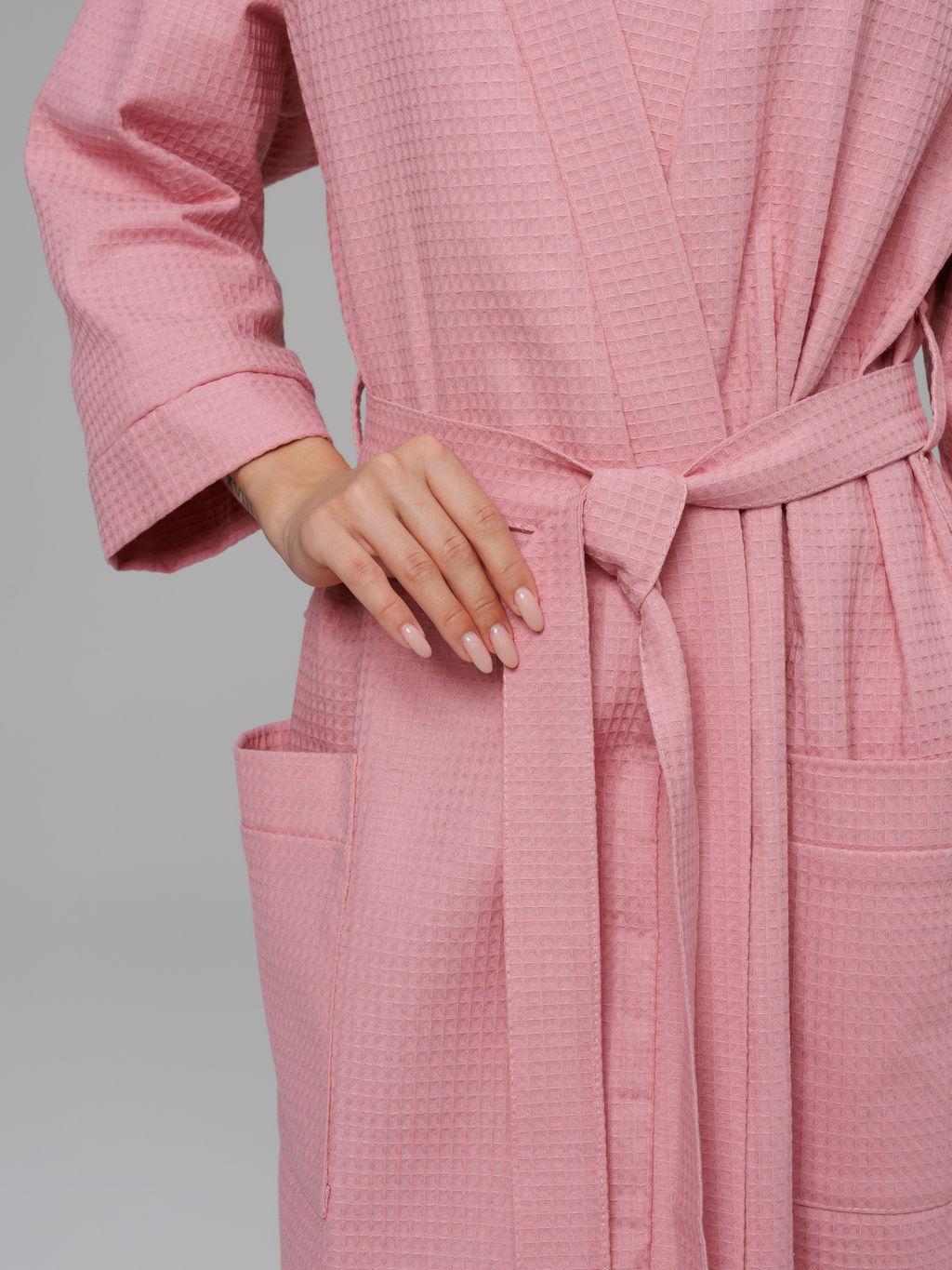 Женский укороченный вафельный халат с планкой пудрово-розовый В-11 (102) - Росхалат фото 6