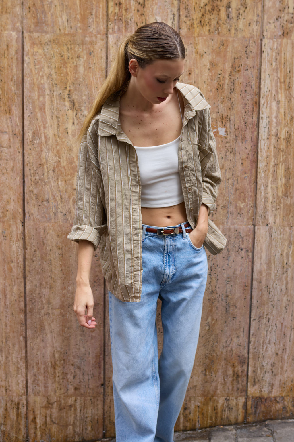 Yesil Cizgili Oversize/Genis Kal?p Dokulu Gomlek TWOAW26GO00083