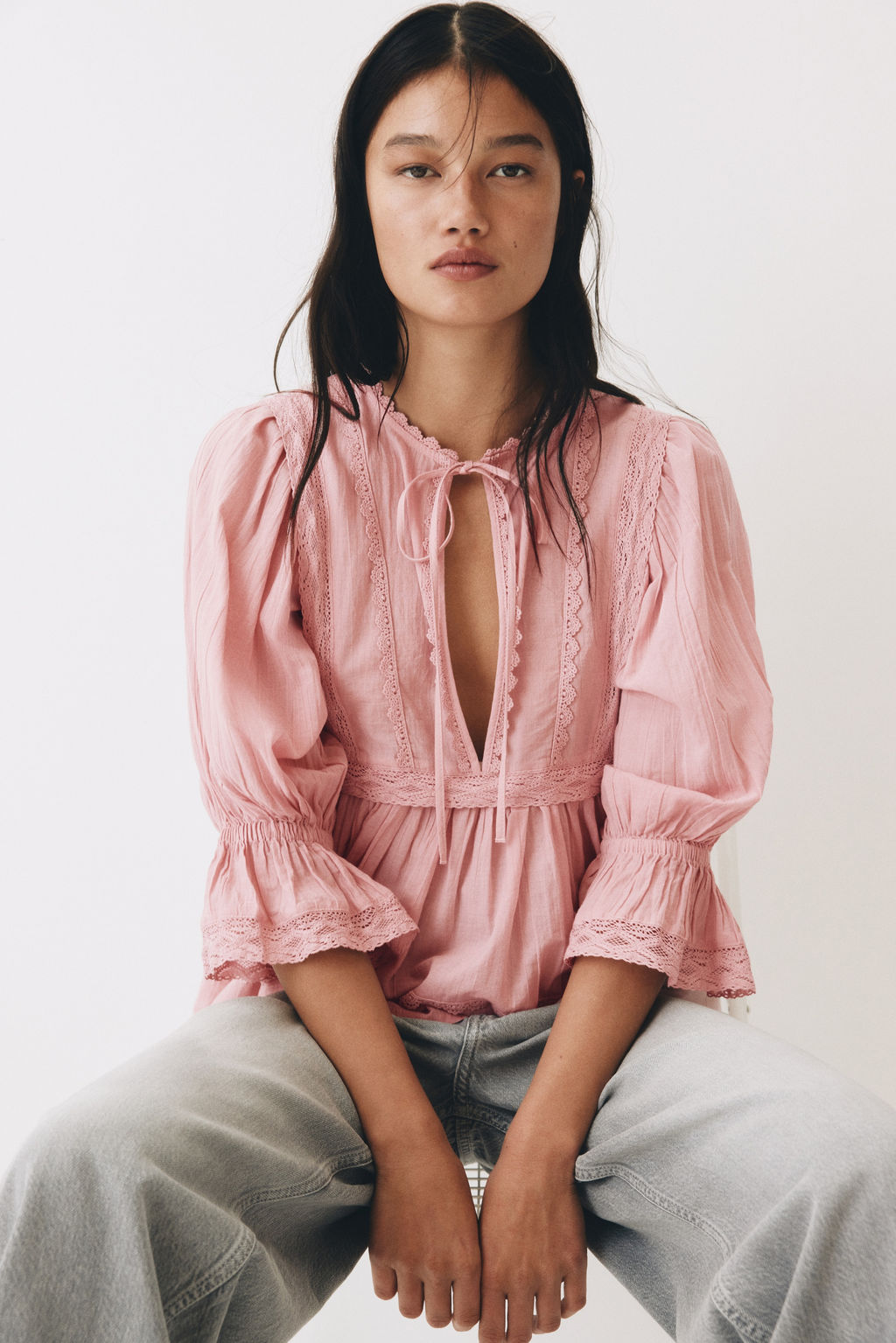 Blusa de algod?n con ribete de encaje - H&m фото 4