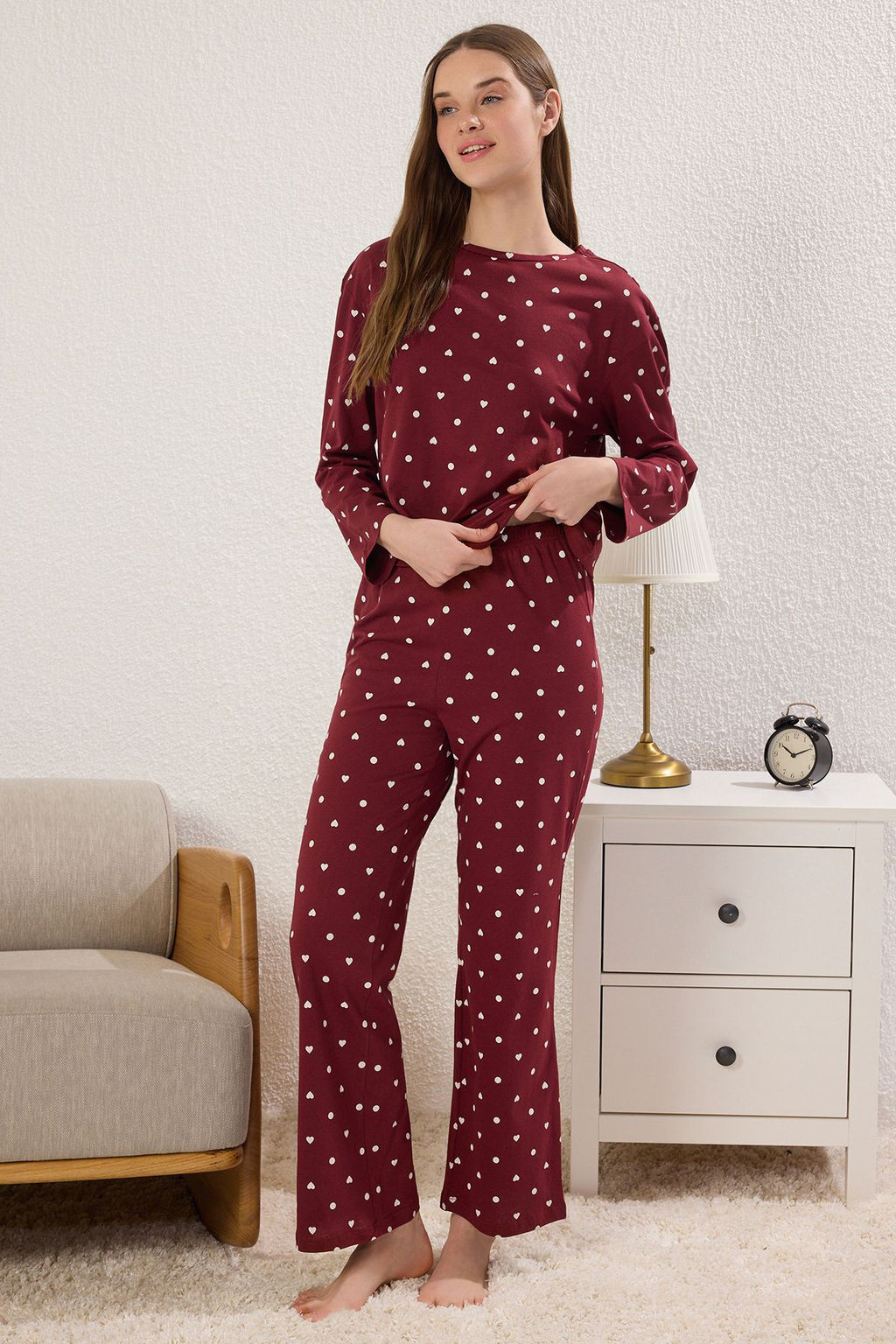 Trendyolmilla Beyaz %100 Pamuklu Puantiye ve Kalpli Orme Pijama Tak?m? THMAW25PT00039 фото 3