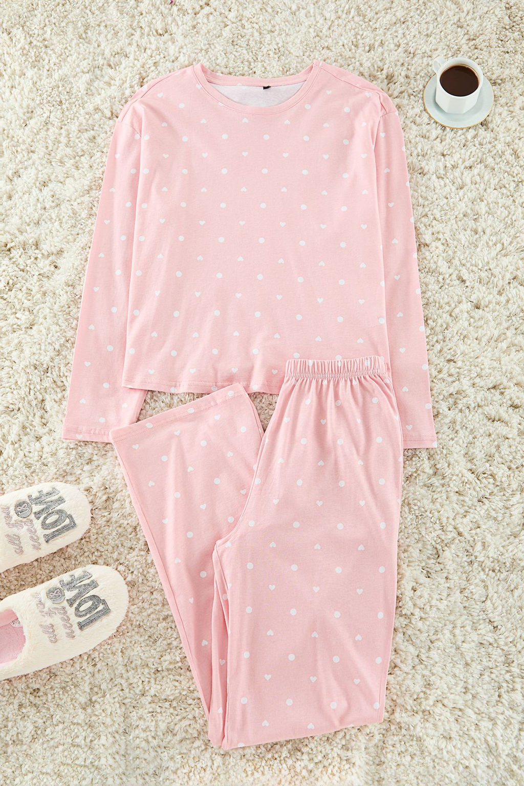Pembe %100 Pamuklu Puantiye ve Kalpli Orme Pijama Tak?m? THMAW25PT00039