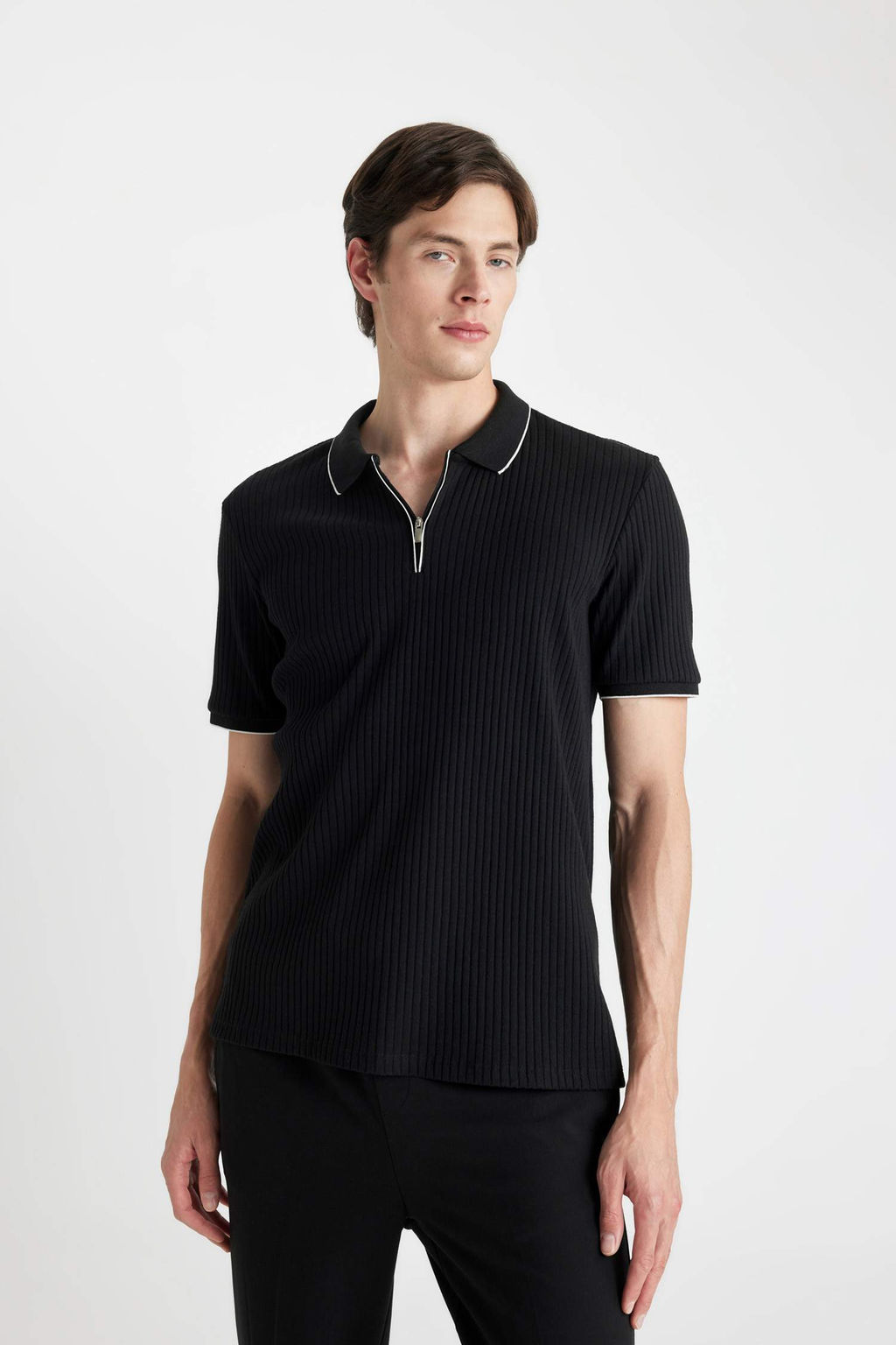 Slim Fit Dar Kesim Fermuarl? K?sa Kollu Polo Tisort - Defacto фото 3