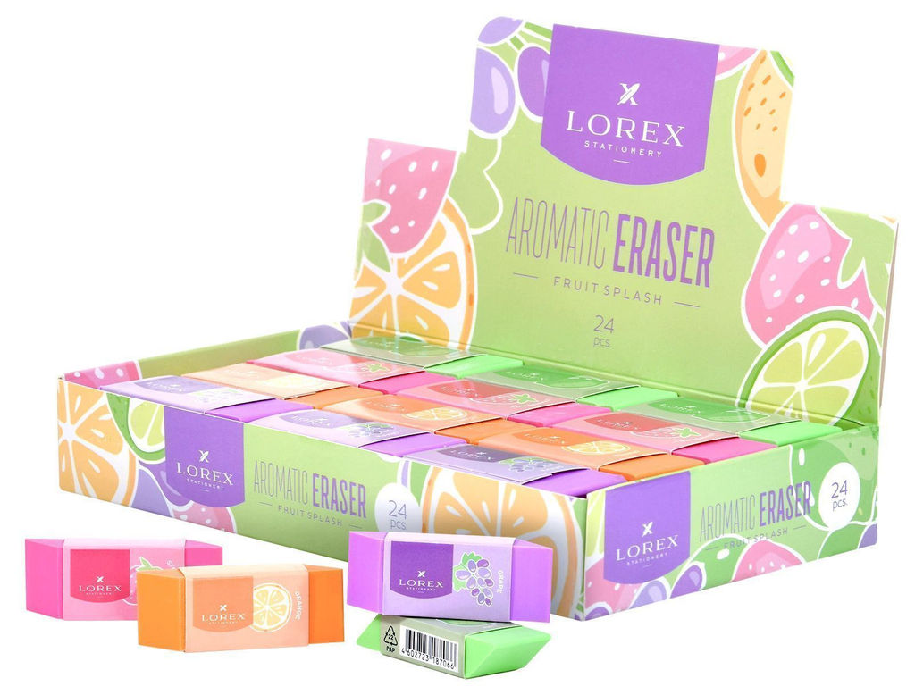 Цена за 5 шт. Ластик LOREX ERASER FRUIT SPLASH, термопластичная резина, 58х22х20 мм прямоугольный, ассор...