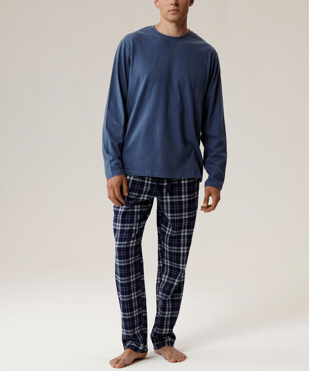 NMP-393 Пижама мужская Flannel Check голубой + темно-голубой