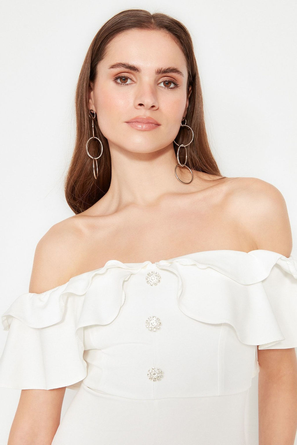 Bridal Ekru Astarl? Volanl? Dokuma Abiye Gece Elbise TPRSS21EL1403 - Trendyolmilla фото 5