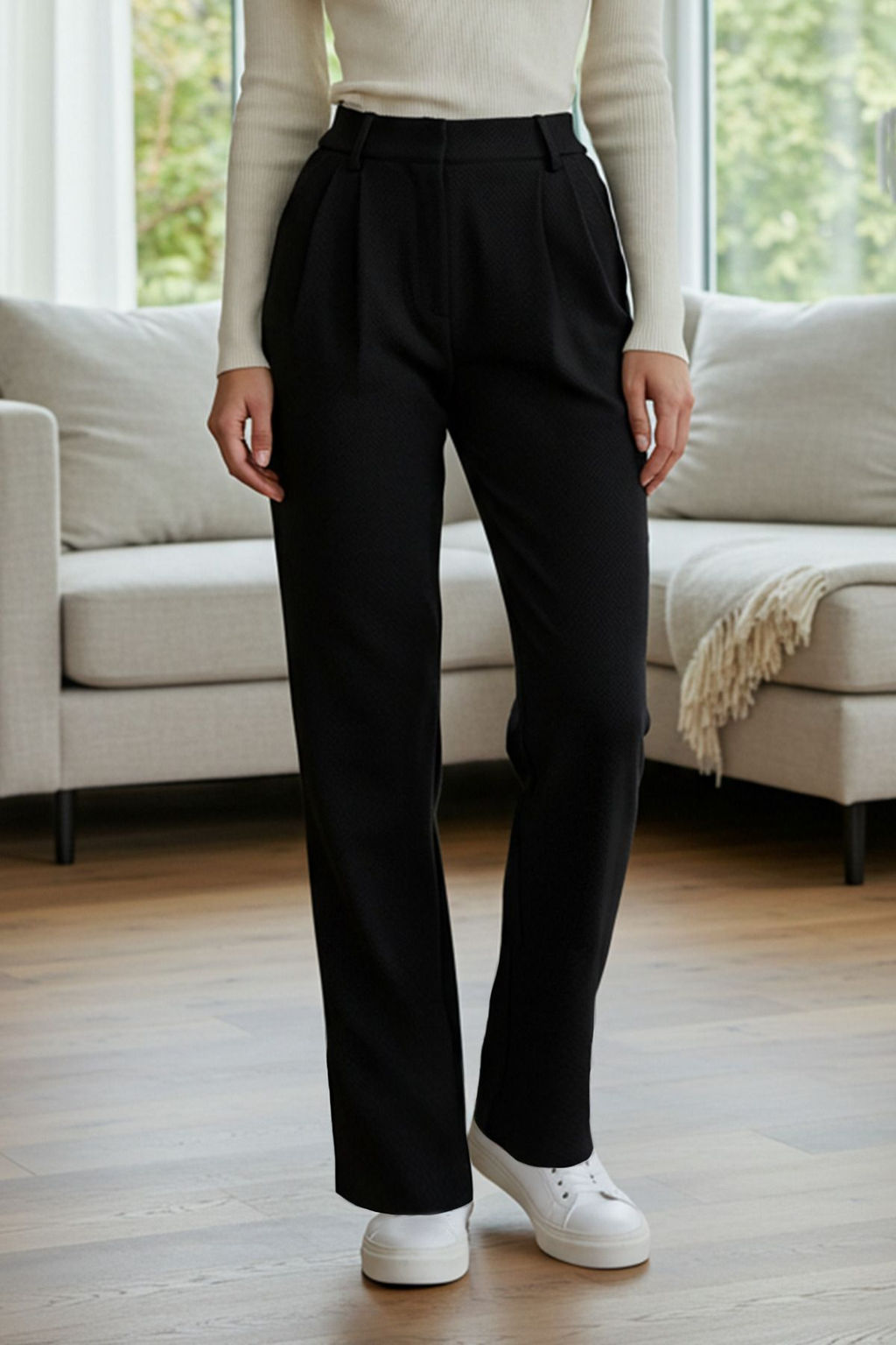 Siyah*001 Limited Edition Straight/Duz Kesim Pilili Dokuma Kumas Pantolon TWOAW23PL00401