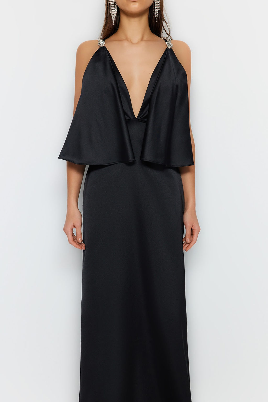 Siyah Tas Ask? Detayl? V Yaka Uzun Gece Abiye Elbise TPRSS23AE00220 - Trendyolmilla фото 5