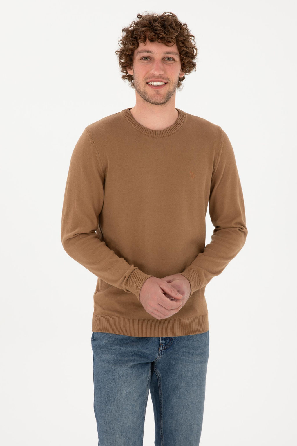 Erkek Slim Fit Bisiklet Yaka Camel Basic Kazak - U.s. polo assn фото 3