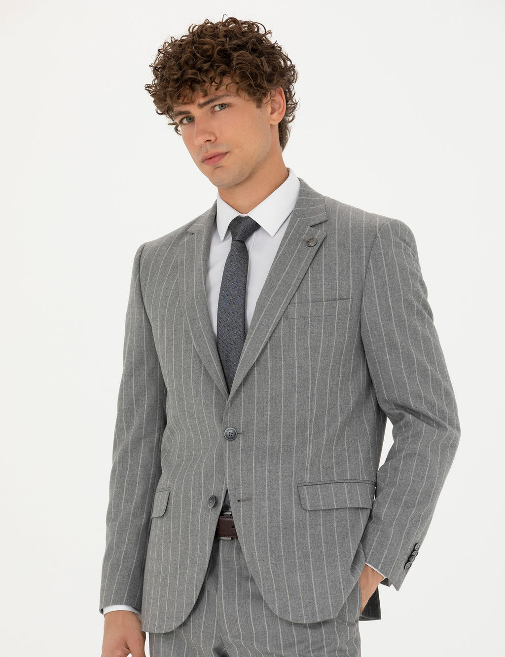 Gri Ex. Slim Fit _izgili Tak_m Elbise