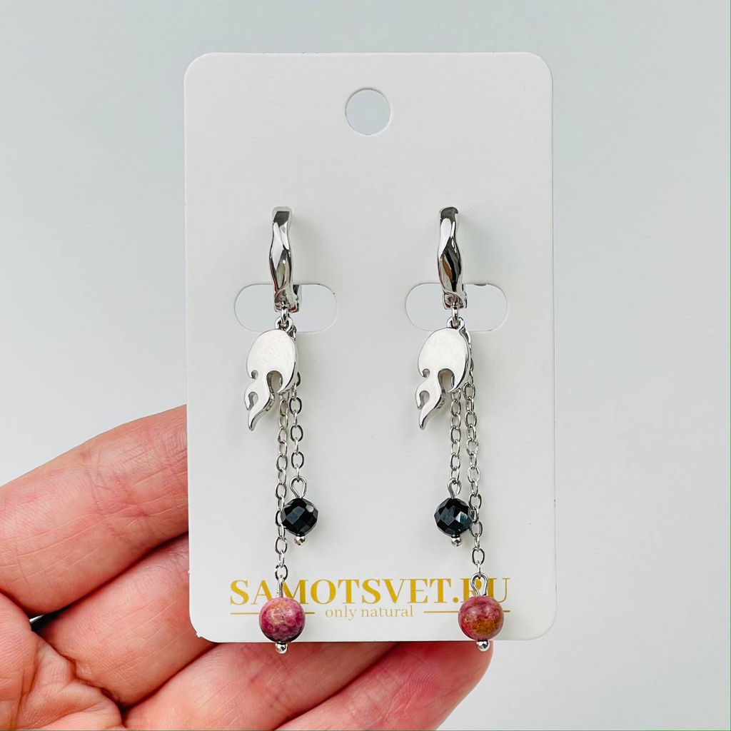 Серьги на цепочке из Родонита и Шпинели