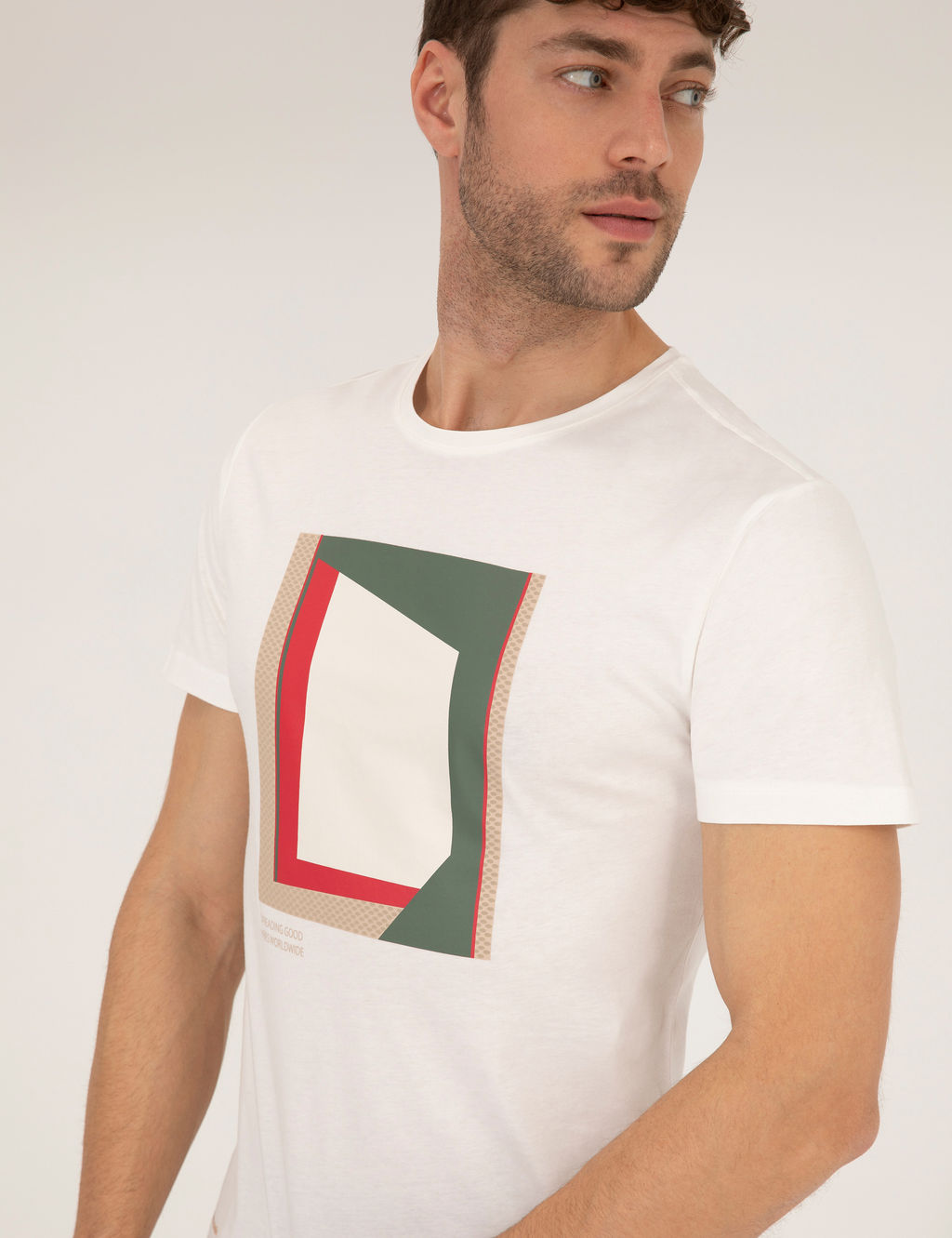 Ekru Slim Fit Bask_l_ Bisiklet Yaka Ti__rt