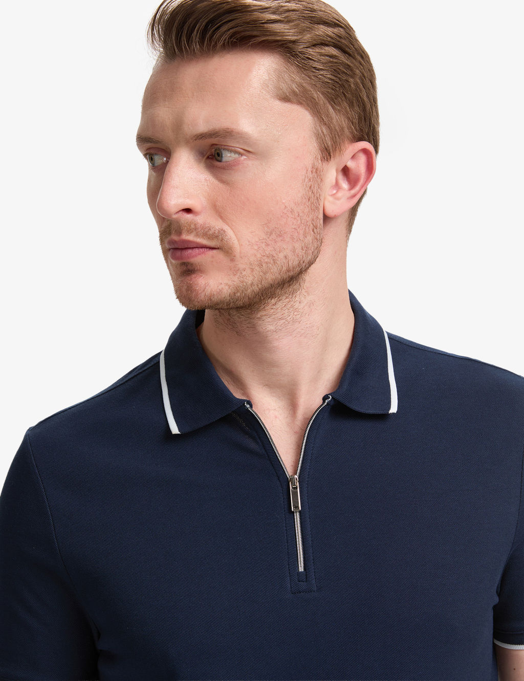 Lacivert Slim Fit %100 Pamuk Fermuarl_ Polo Yaka Ti__rt