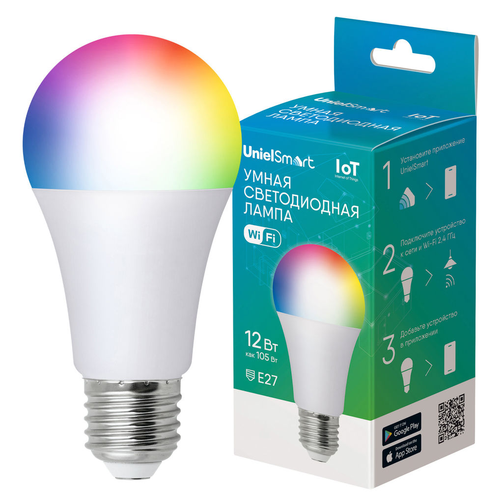 LED-A60-12W/RGBW/E27/230V/WF/FR PLS80WH Умная лампа светодиодная Wi-Fi+Bluetooth, диммируемая. Форма "А", матовая. 2700-6500K+RGB. Голосовое управление+приложение UnielSmart. TM Uniel