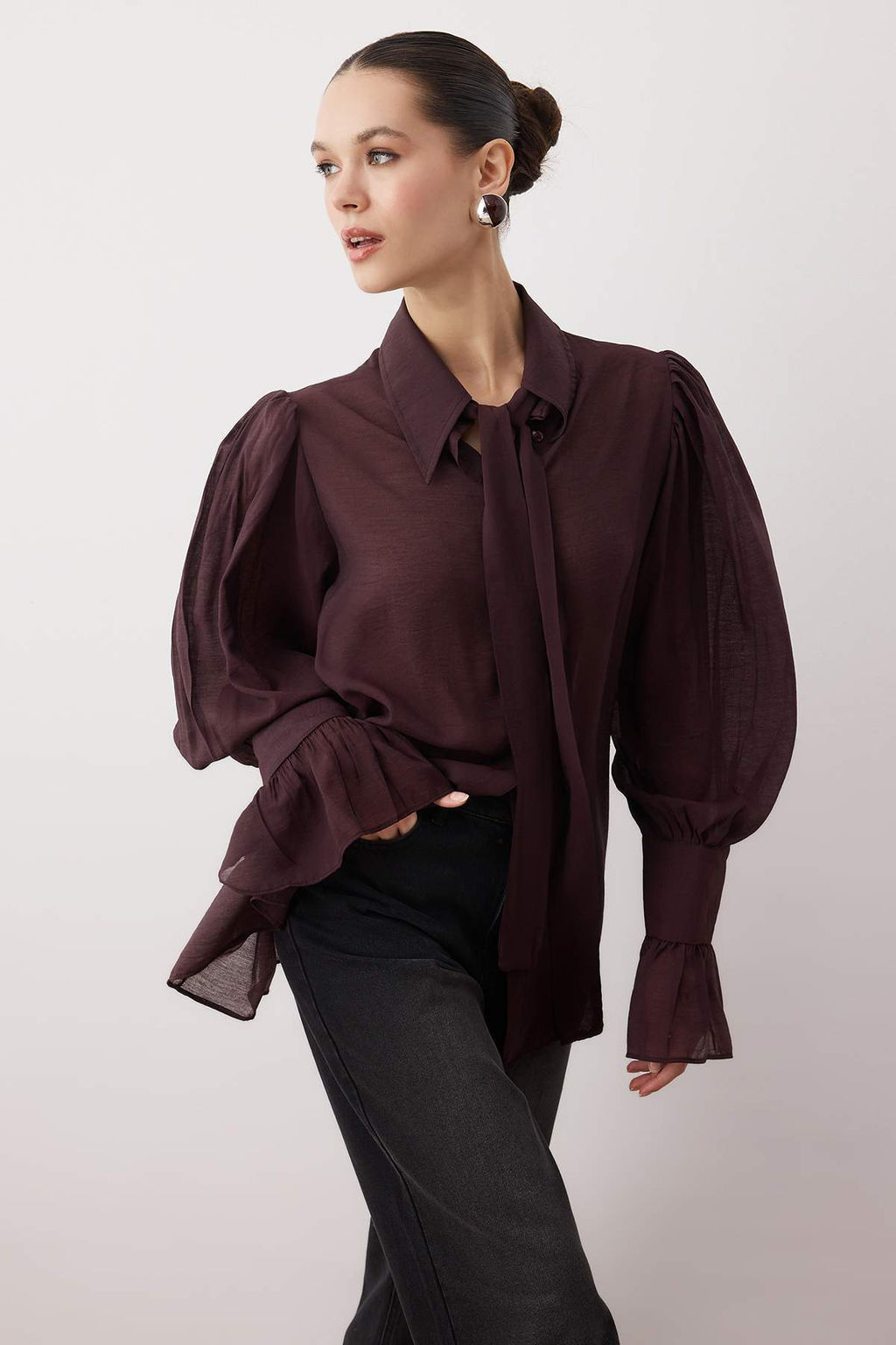 Bordo Baglama Detayl? Hafif Transparan Yumusak Hisli Boho Gomlek TWOAW26GO00111 - Trendyolmilla фото 11