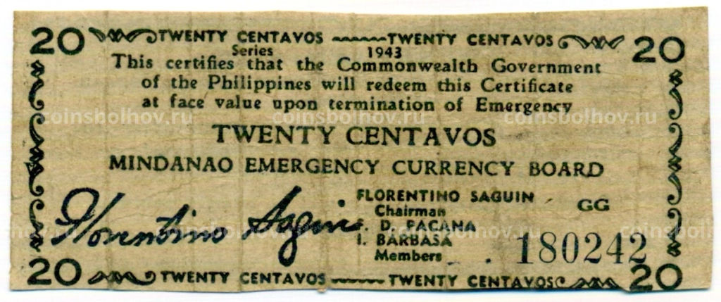 20 сентаво 1943 года Филиппины (Минданао, Администрация США)