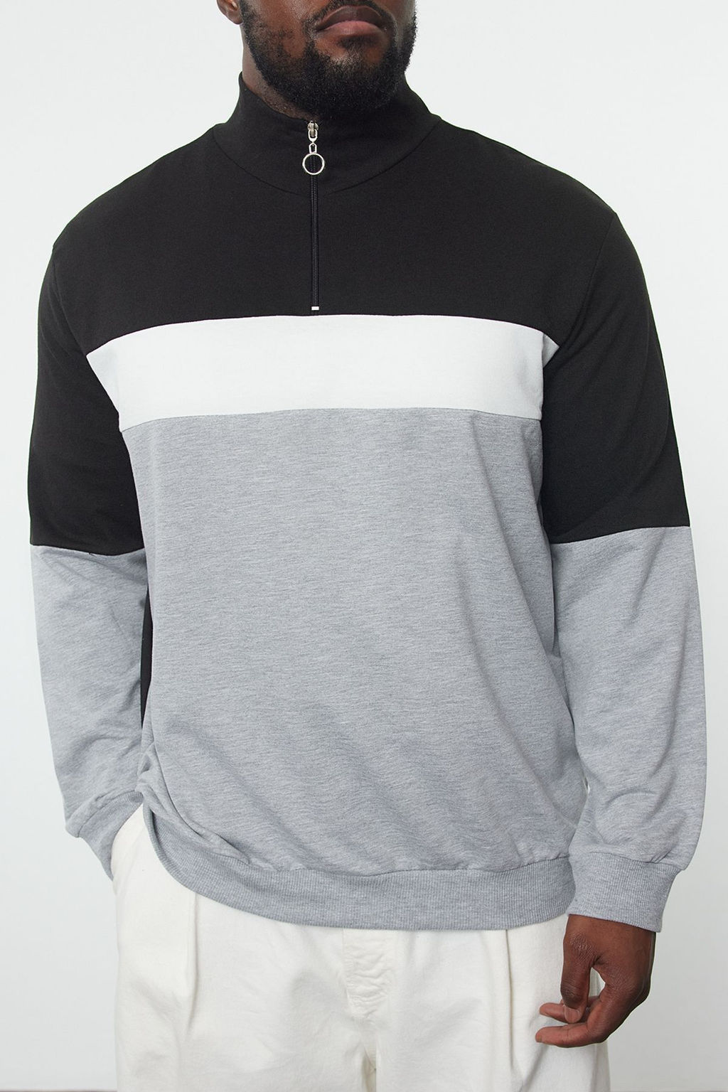 TRENDYOL MAN Buyuk Beden Gri Regular Fit Panelli Uzun Kollu Hakim Yaka Fermuarl? Sweatshirt TMNAW25AO00016 - Trendyolmilla фото 3
