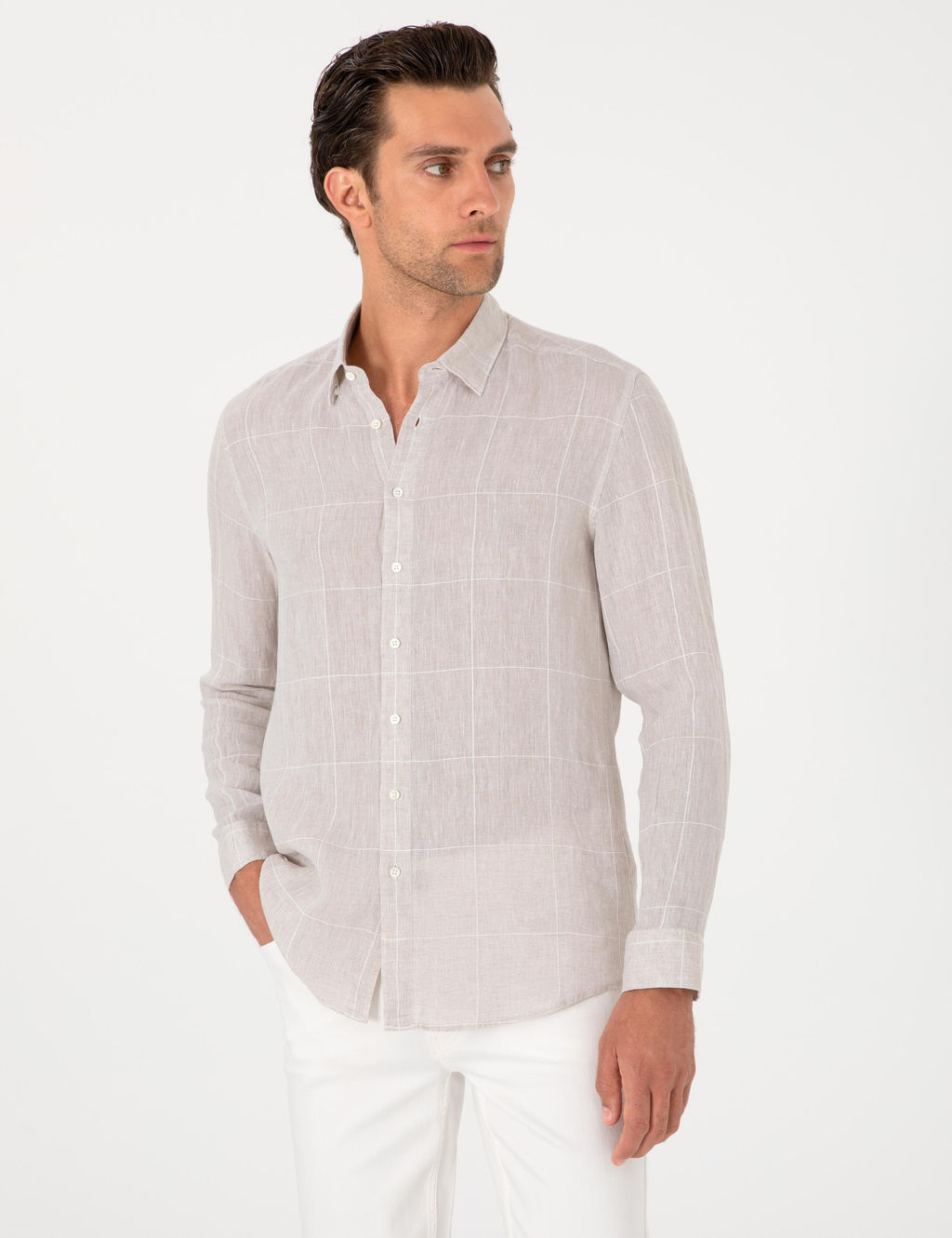 Bej Regular Fit Kareli %100 Keten G_mlek