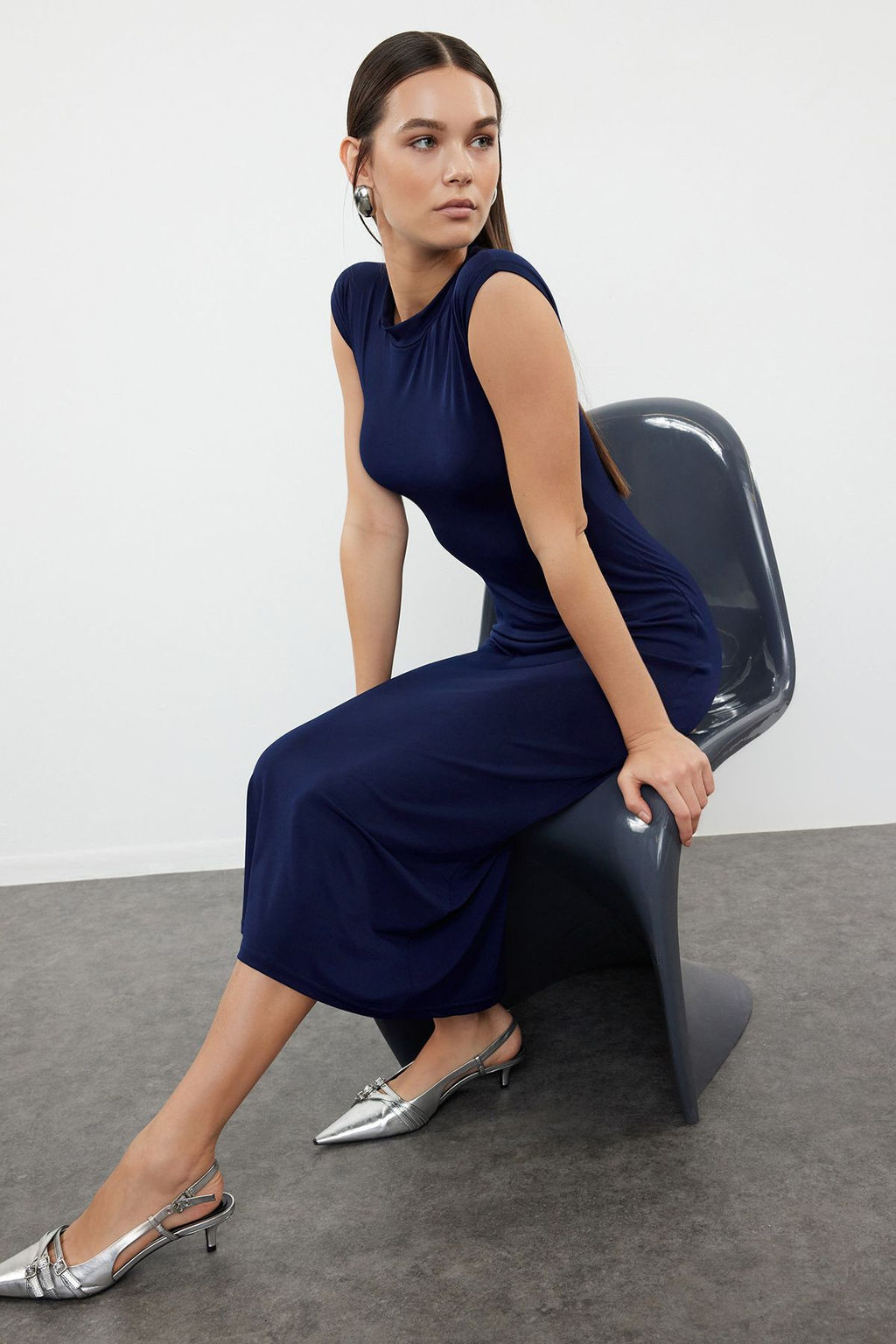 Lacivert Fitted/Vucuda Oturan Ay Kol Esnek Maxi Orme Elbise TWOAW25EL00103 - Trendyolmilla фото 3