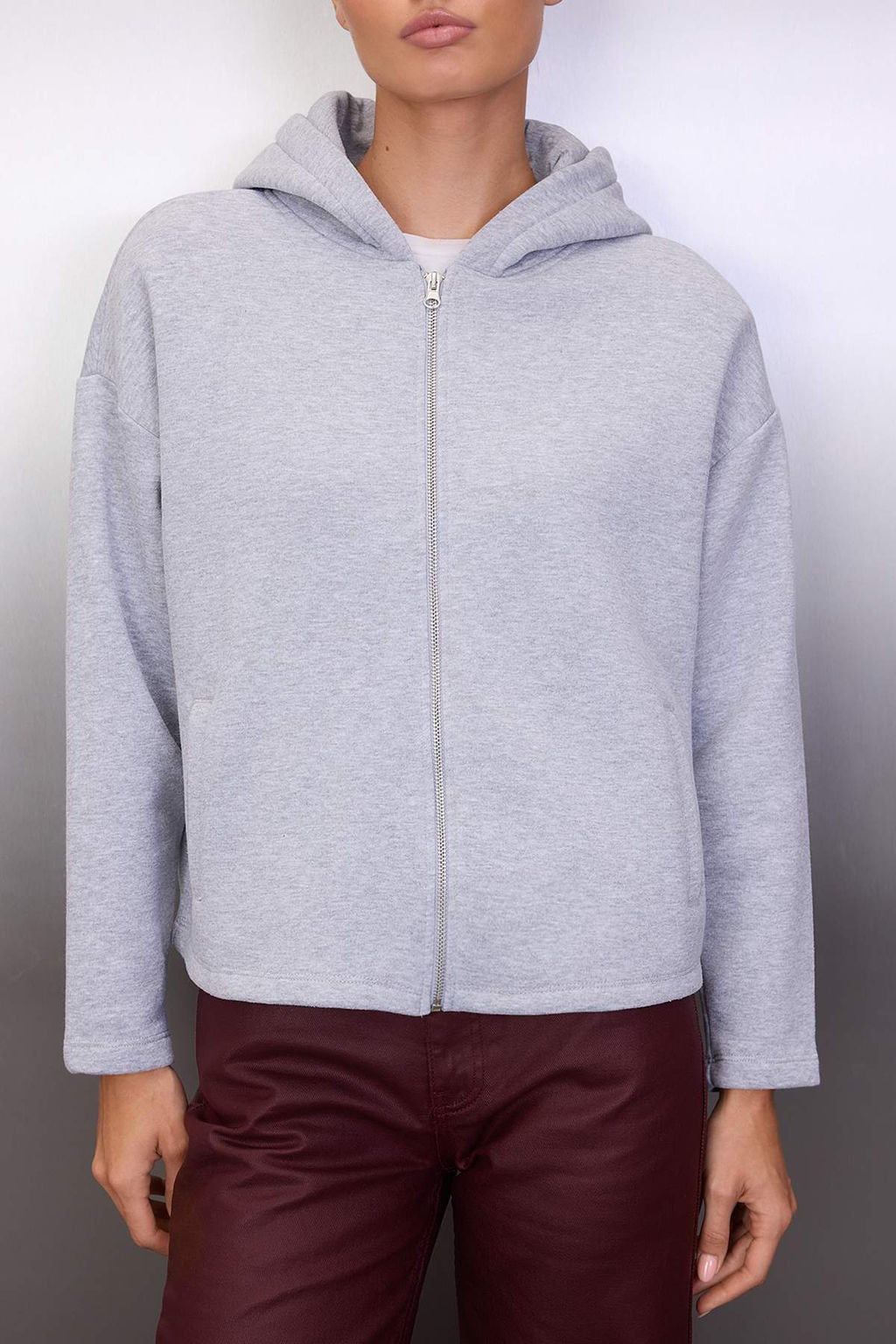 Gri Melanj Kal?n Ici Polarl? Kapusonlu Fermuarl? Oversize/Genis Kesim Orme Sweatshirt TWOAW26SW00111