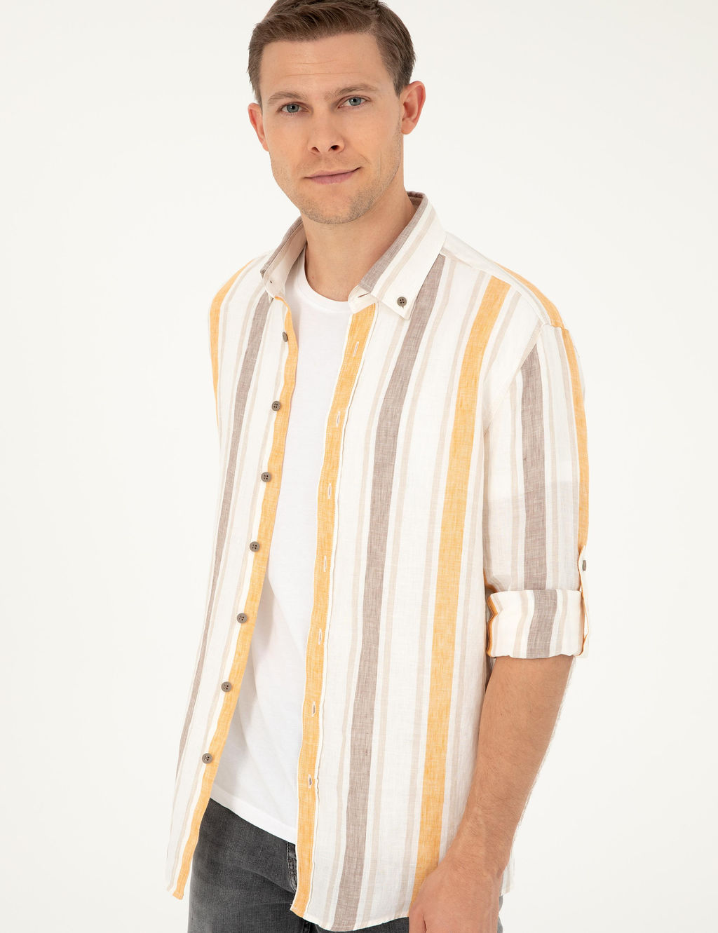Turuncu Slim Fit %100 Keten G_mlek