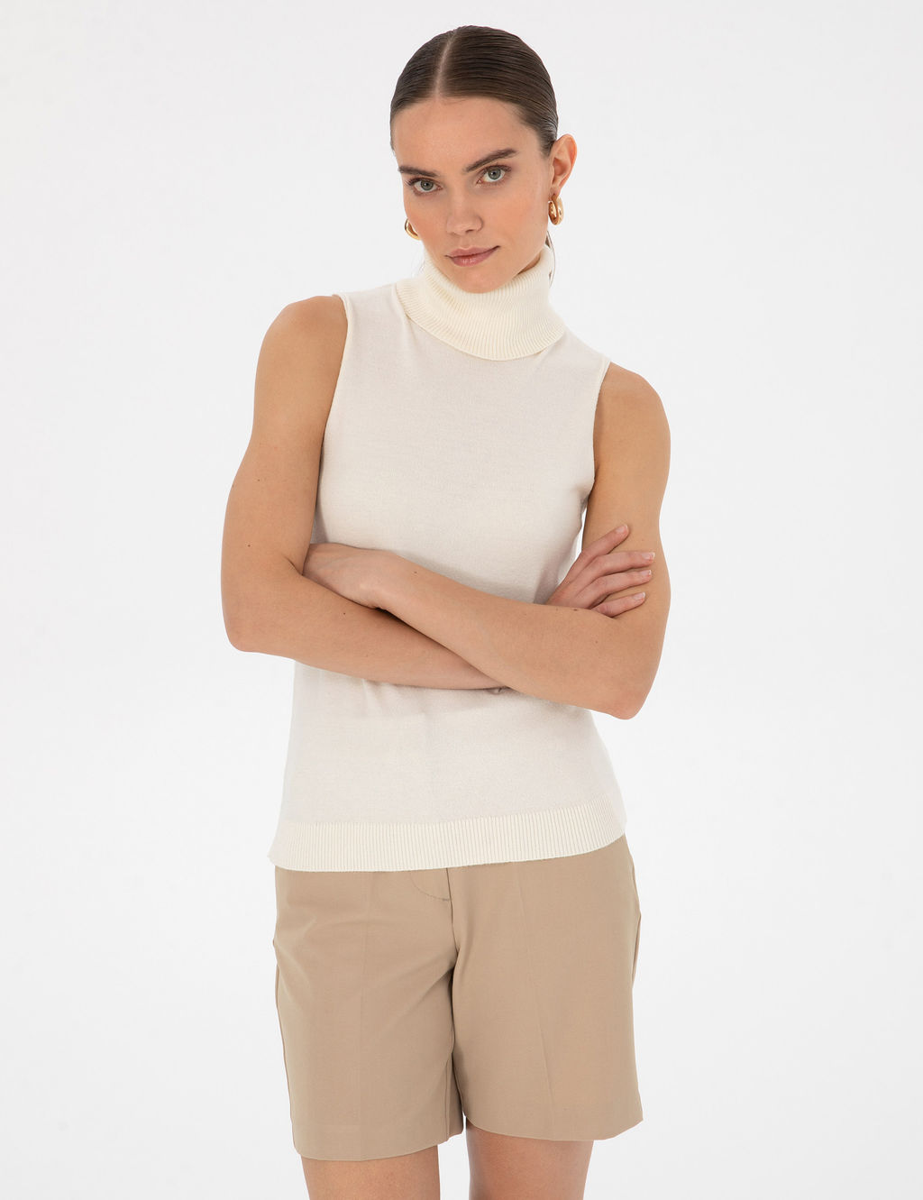 Ekru Slim Fit Bal_k__ Yaka Kazak