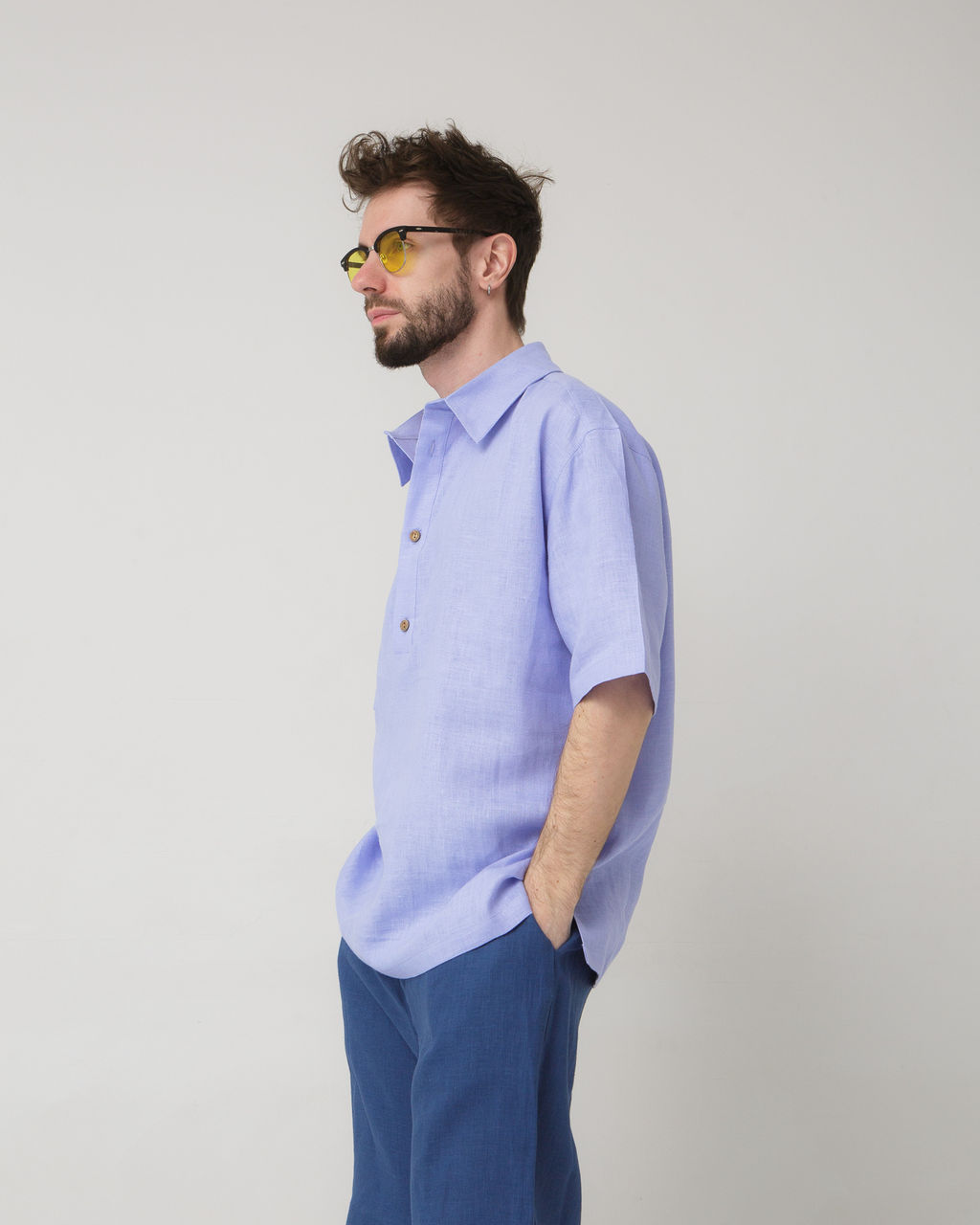 Рубашка льняная поло лаванда 26012